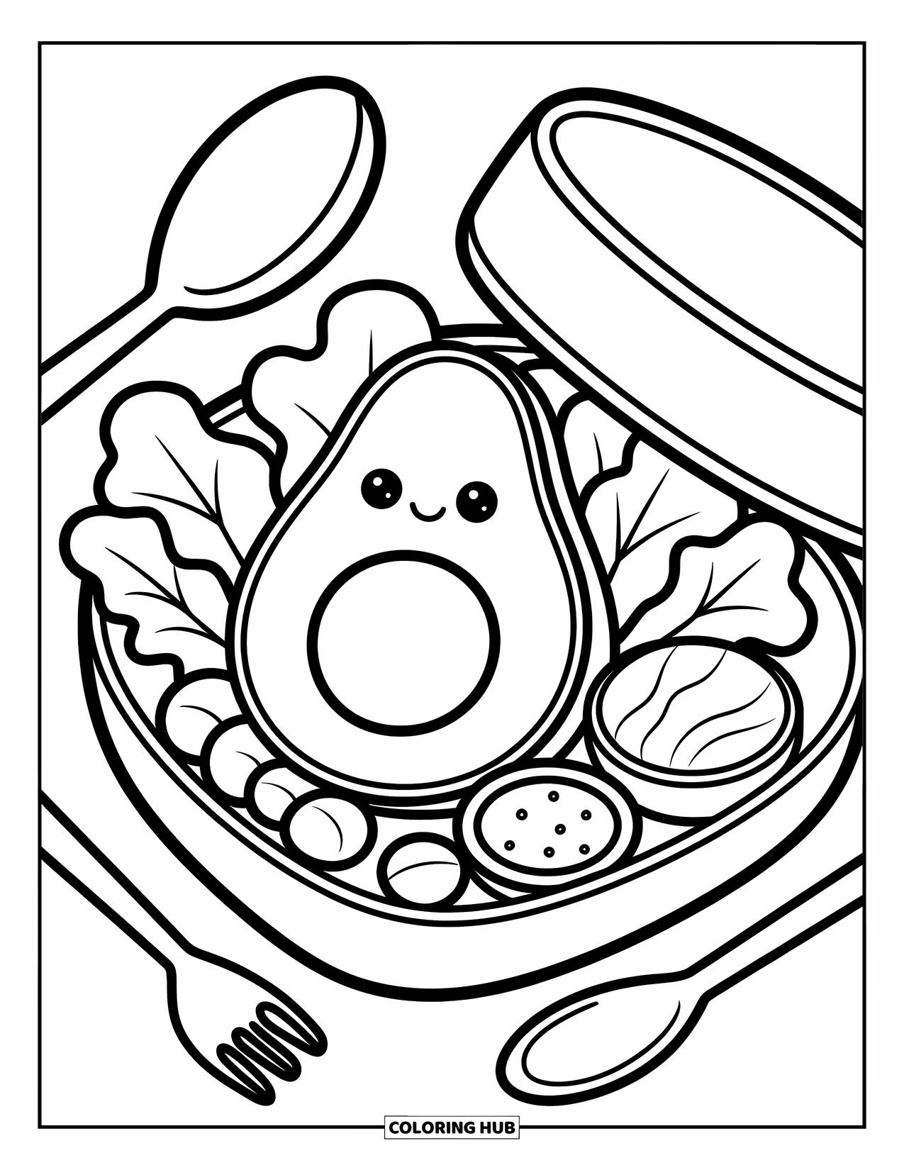 Avocado Coloring Page for Adults: Avocado sits in a cozy bento box surrounded by lettuce and tiny side dishes