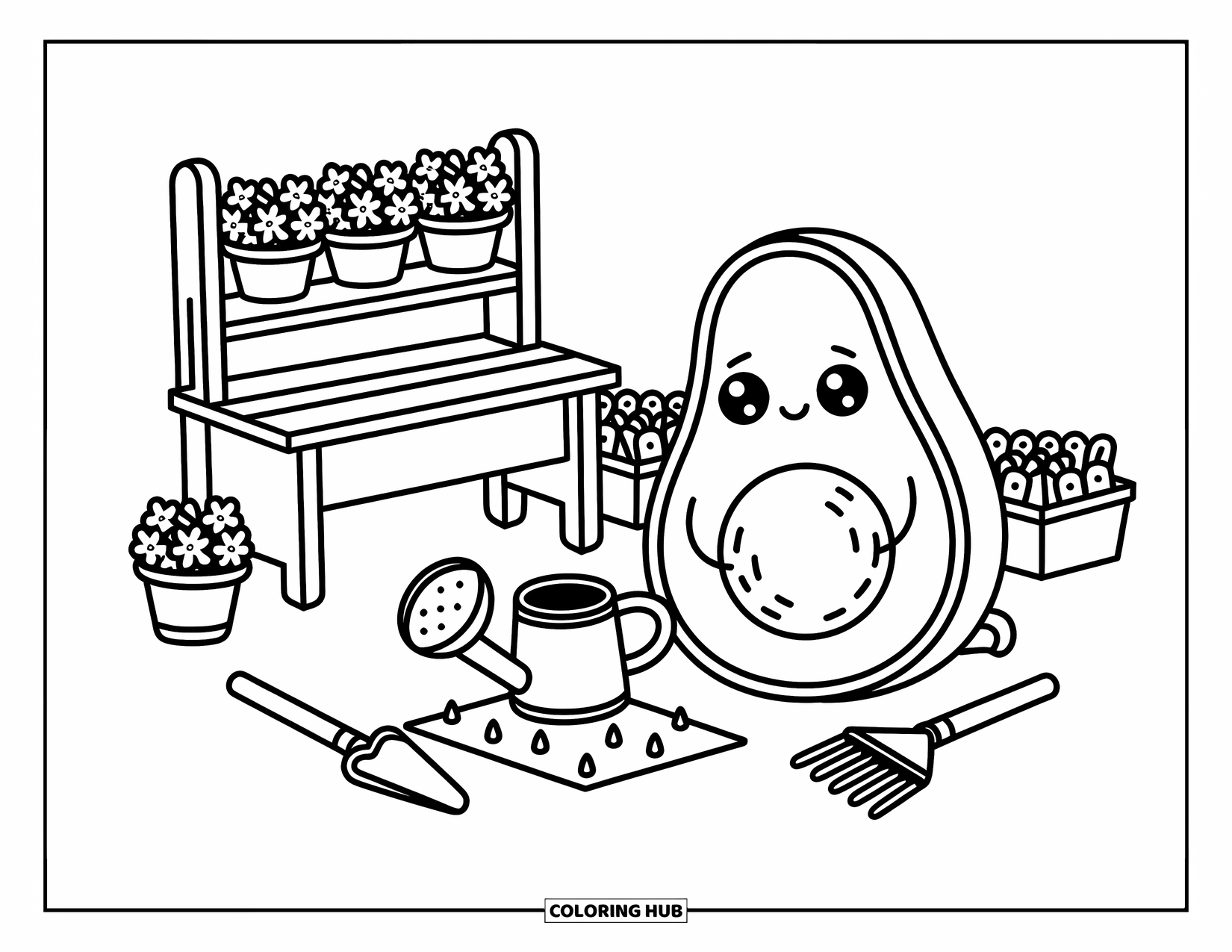 Avocado Coloring Page for Adults: Avocado waters seedlings with garden tools, flowers, and a cozy tool bench nearby