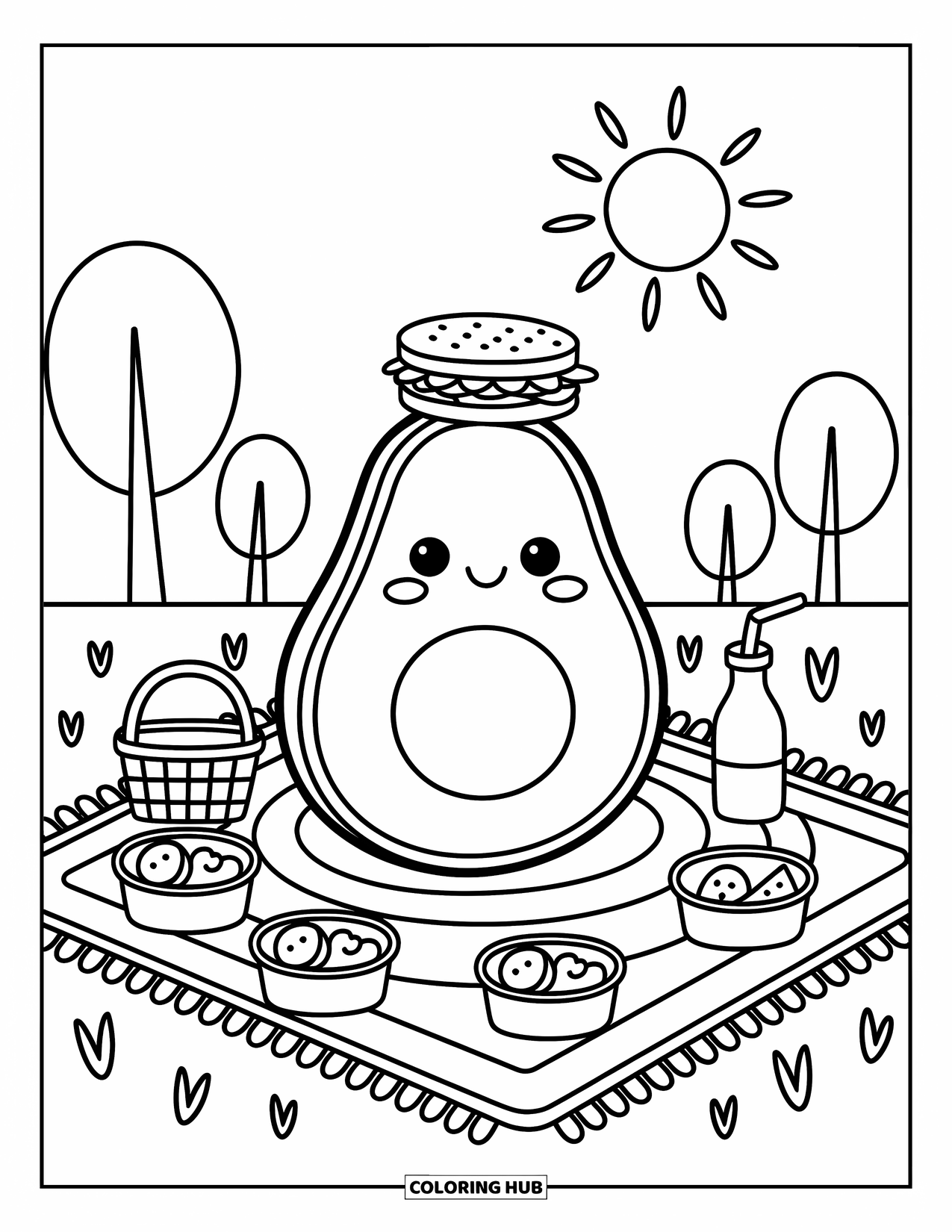 Avocado Coloring Page for Adults: Avocado with a sandwich relaxes on a picnic mat surrounded by cheerful snacks