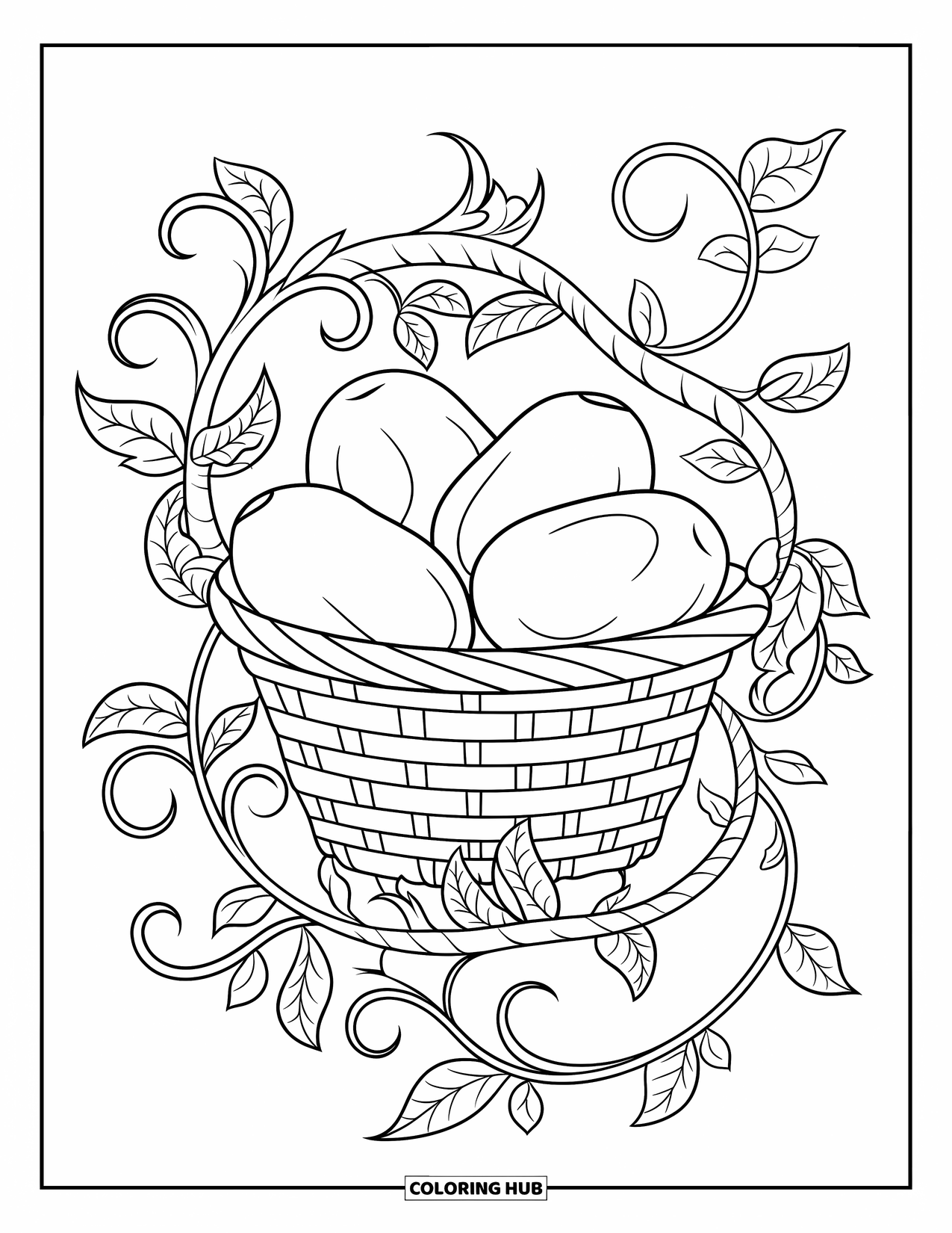 Avocado Coloring Page for Adults: Basket of avocados surrounded by curling floral vines and leaves