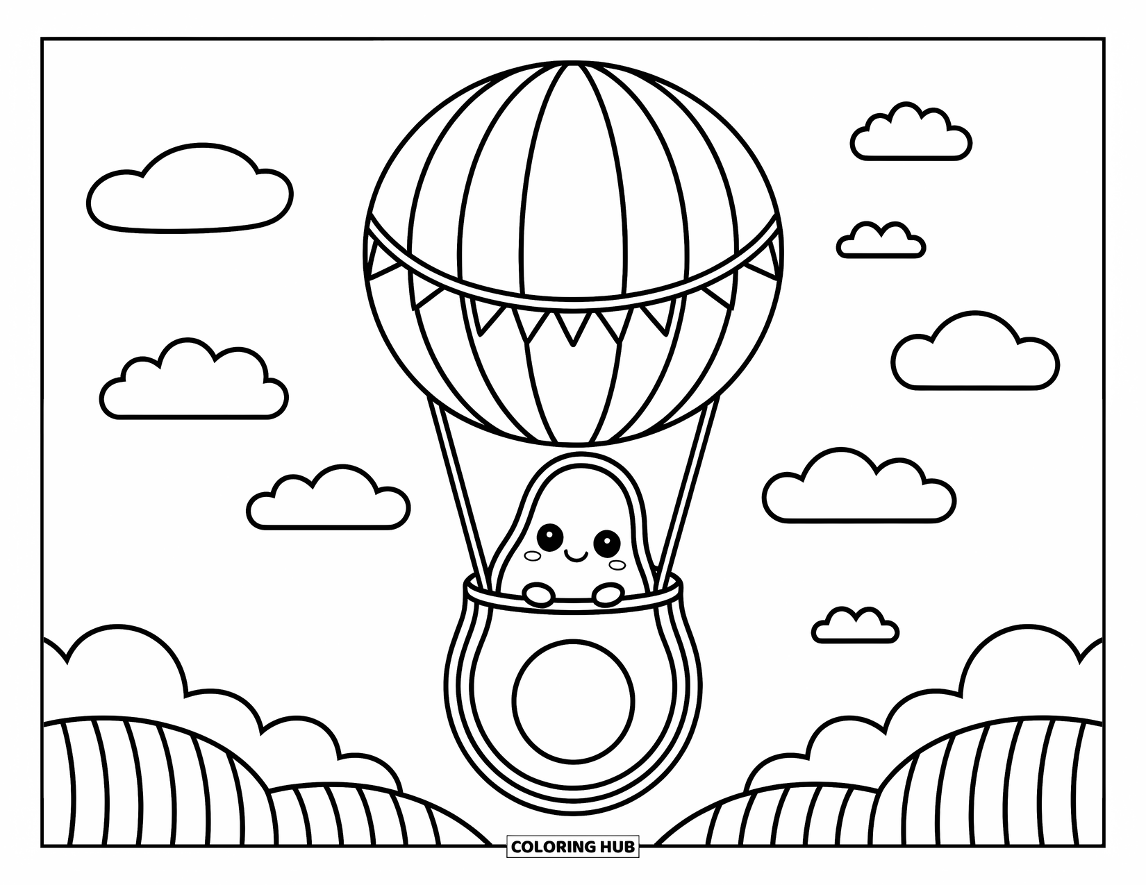 Avocado Coloring Page for Adults: Cheerful avocado soars in a striped balloon with hearts, clouds, and rolling hills