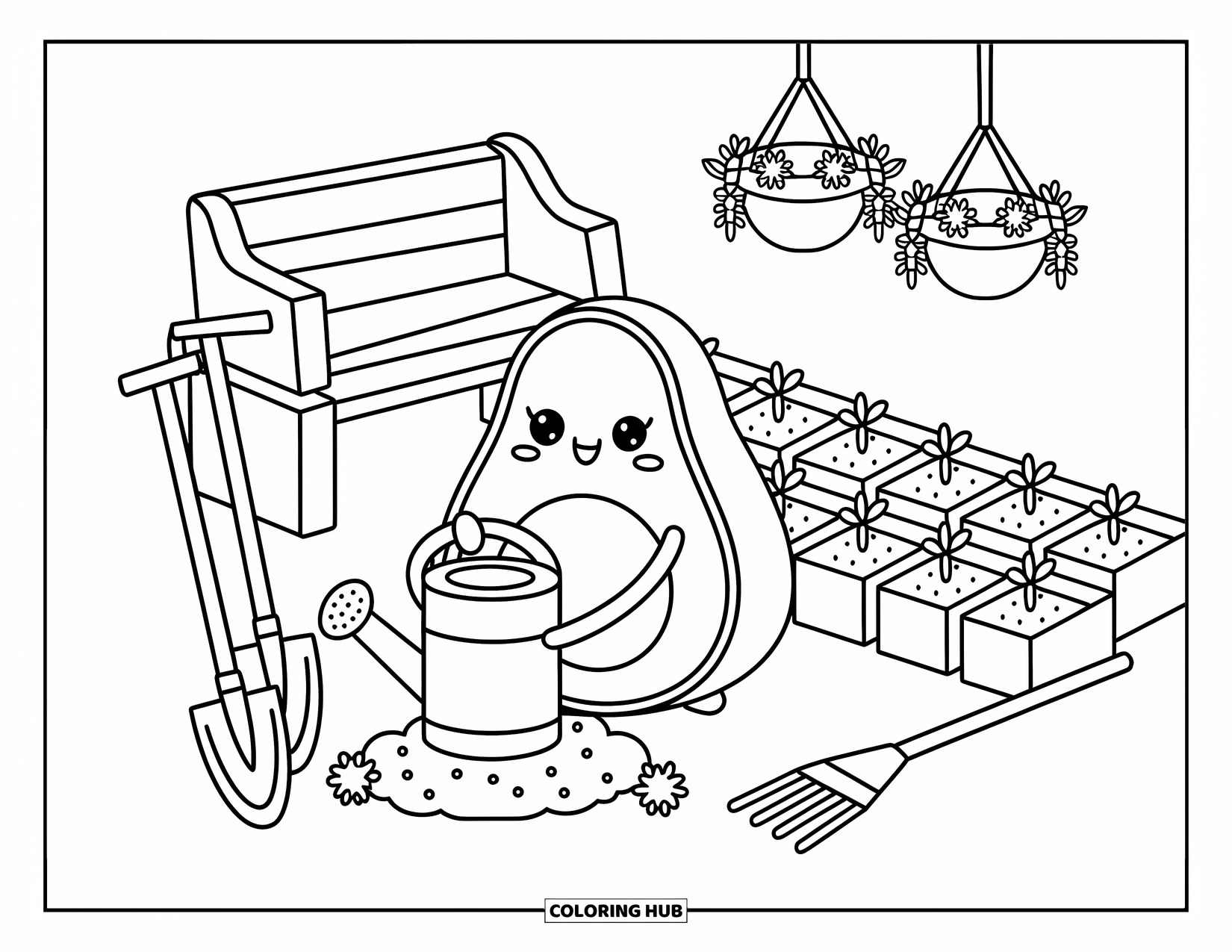 Avocado Coloring Page for Adults: Cute avocado tends to a garden with tools, seedlings, and potted blooms