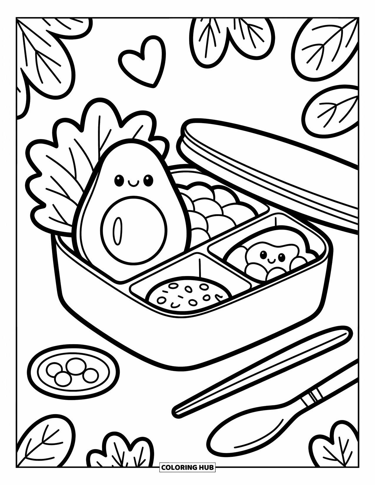 Avocado Coloring Page for Adults: Happy avocado nestled in a bento box with treats, lid, and utensils beside