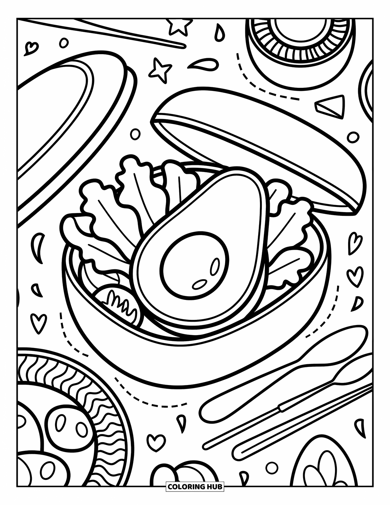 Avocado Coloring Page for Adults: Playful avocado rests in a bento box with food, surrounded by cozy details