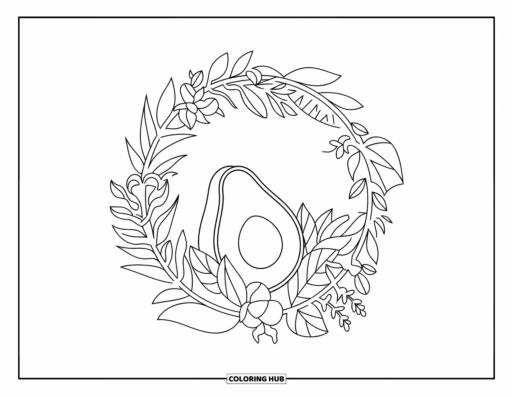 Avocado Coloring Page for Adults: Single avocado nestled inside a frame of tropical leaves and curling vines