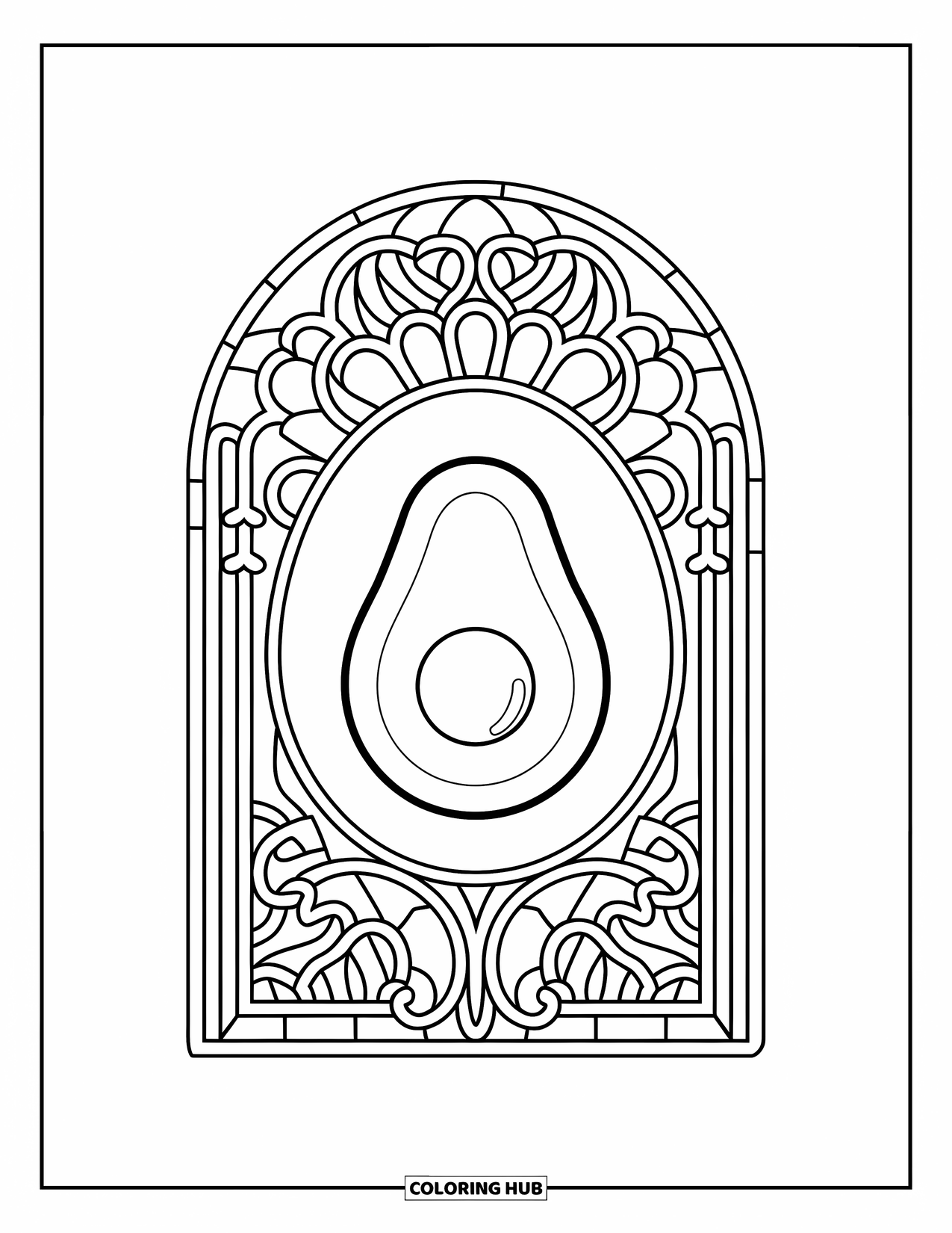 Avocado Coloring Page for Adults: Single avocado surrounded by stained-glass leaves and vines