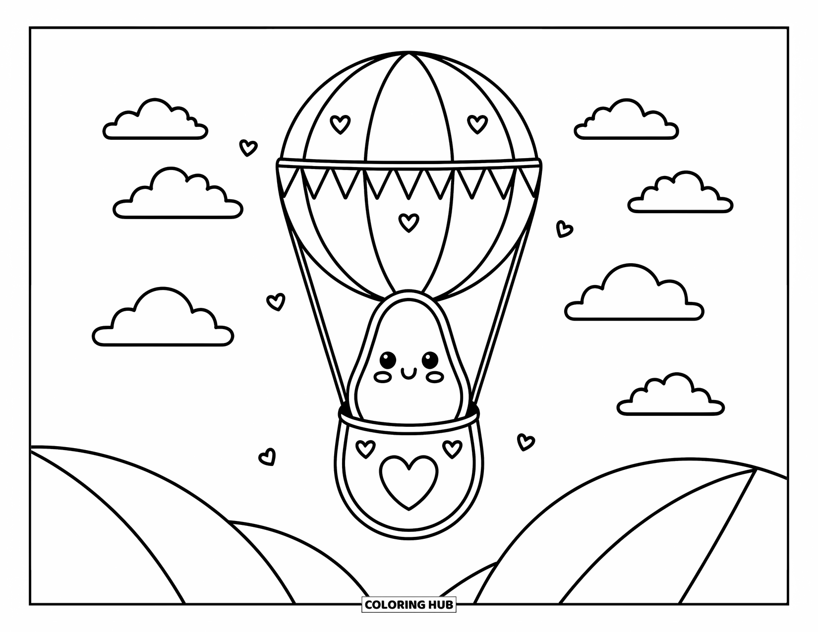 Avocado Coloring Page for Adults: Smiling avocado floats in an avocado-shaped balloon with flags and fluffy clouds