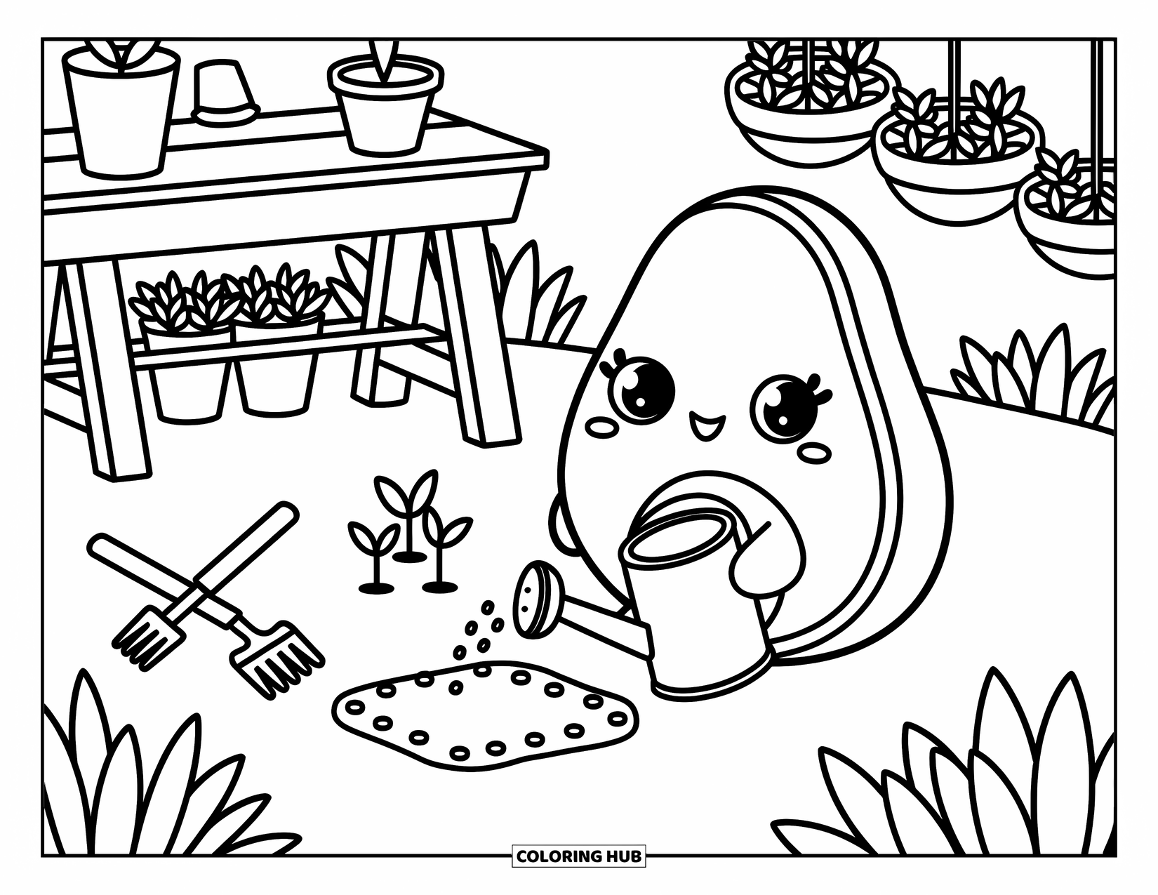 Avocado Coloring Page for Adults: Smiling avocado kneels to water plants with flowers and a tiny bench behind