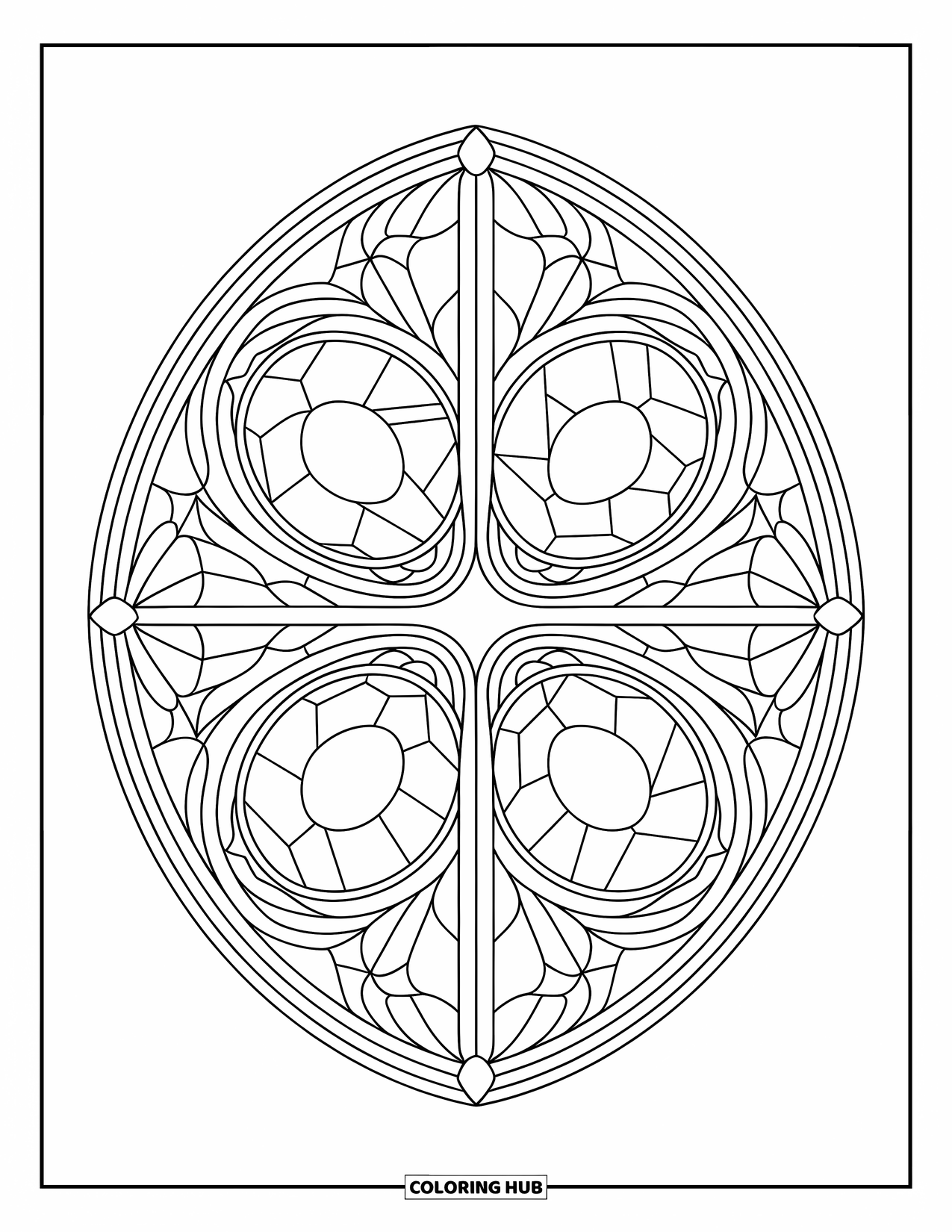 Avocado Coloring Page for Adults: Stained-glass pattern with four avocado halves in a symmetrical layout