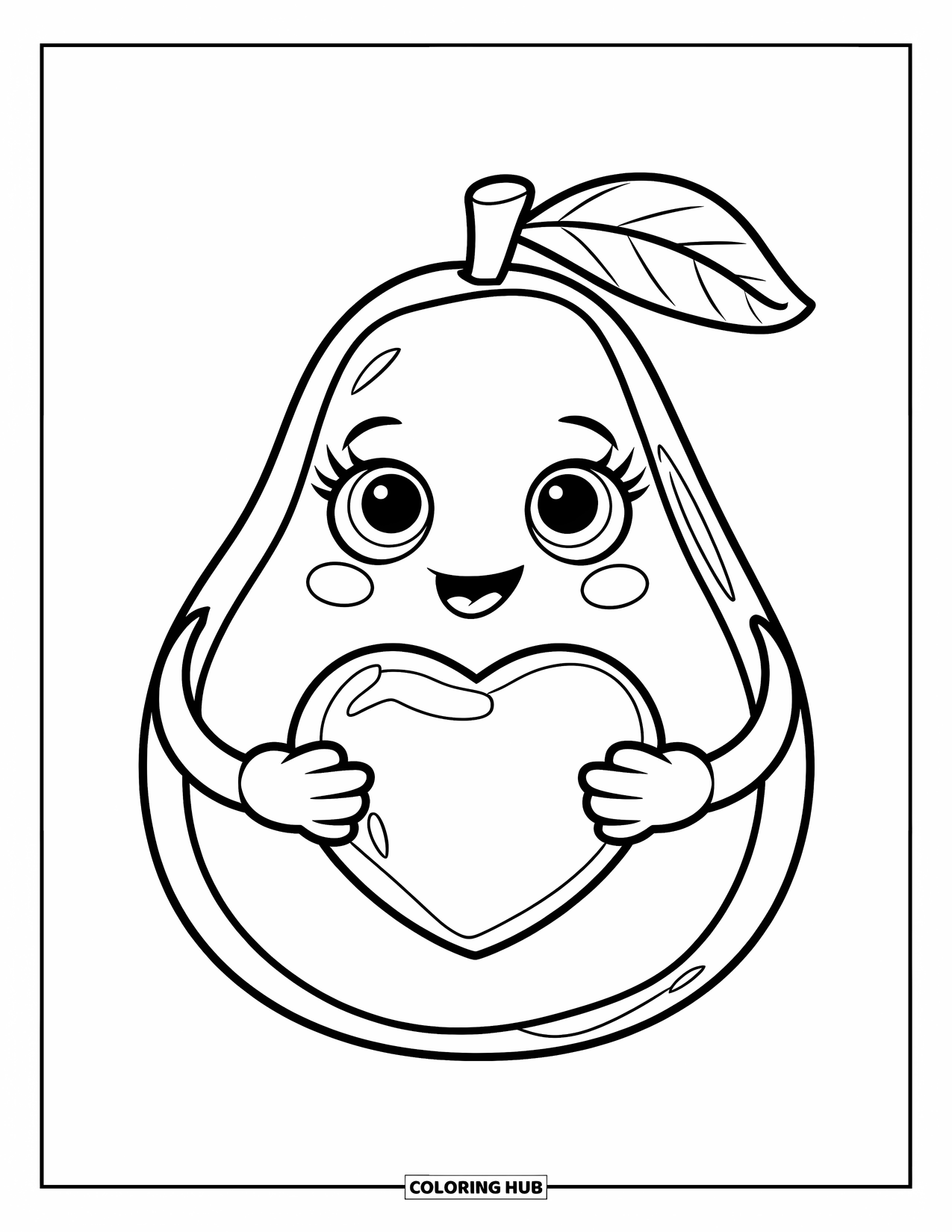 Avocado Coloring Page for Kids: Adorable avocado holding a heart-shaped pit with a sweet smile