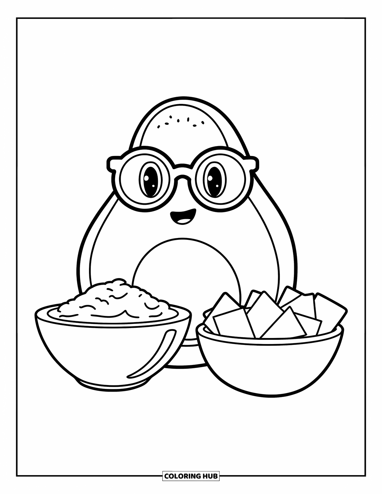 Avocado Coloring Page for Kids: Avocado chef relaxing with a bowl of guac and crunchy chips