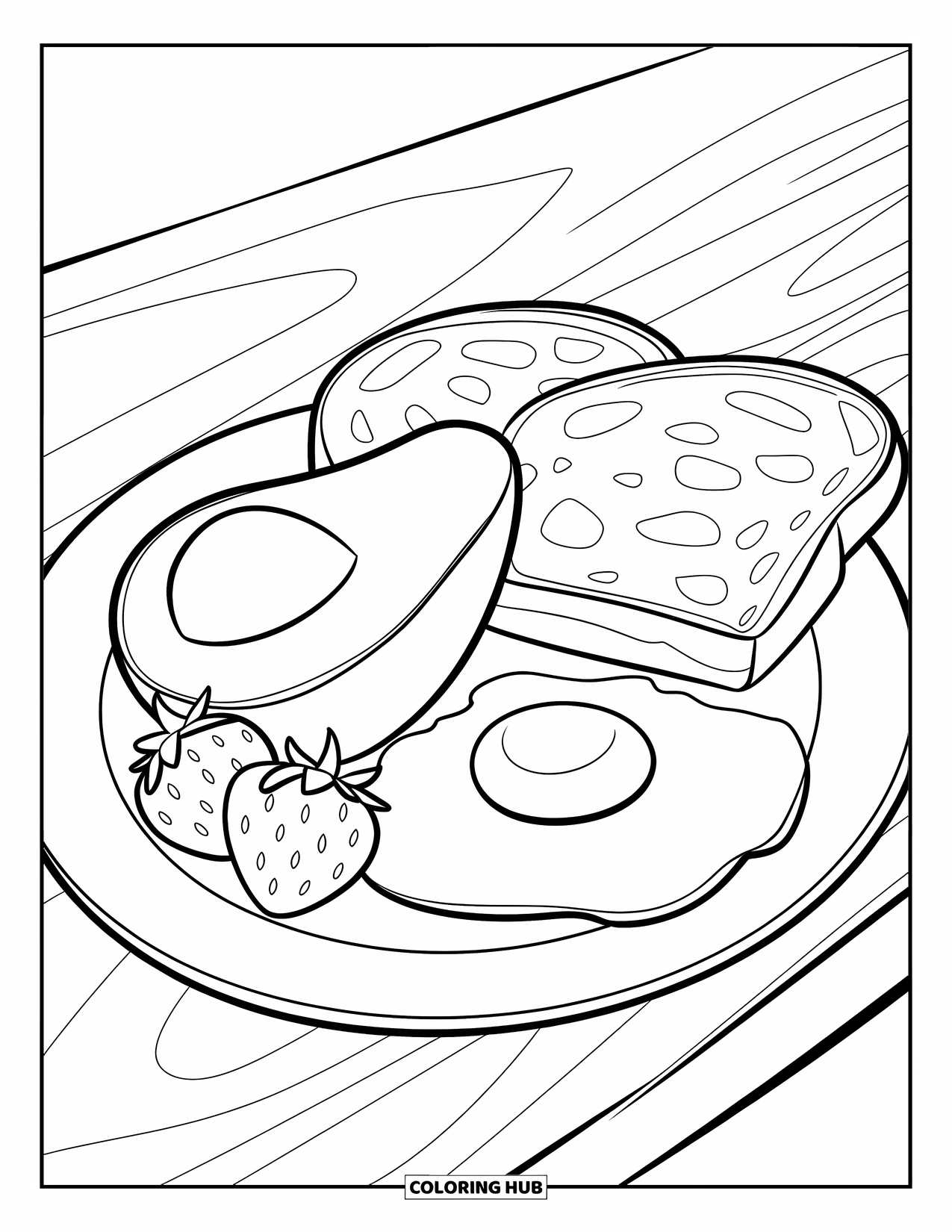 Avocado Coloring Page for Kids: Avocado, egg, toast, and strawberries arranged on a cozy breakfast plate
