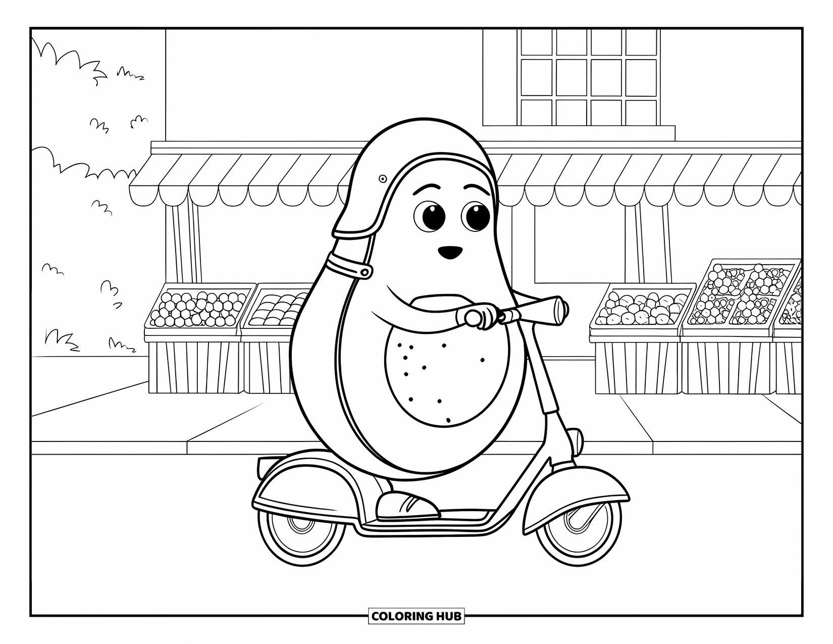 Avocado Coloring Page for Kids: Avocado on a scooter zooming past a market with fruit-filled stalls