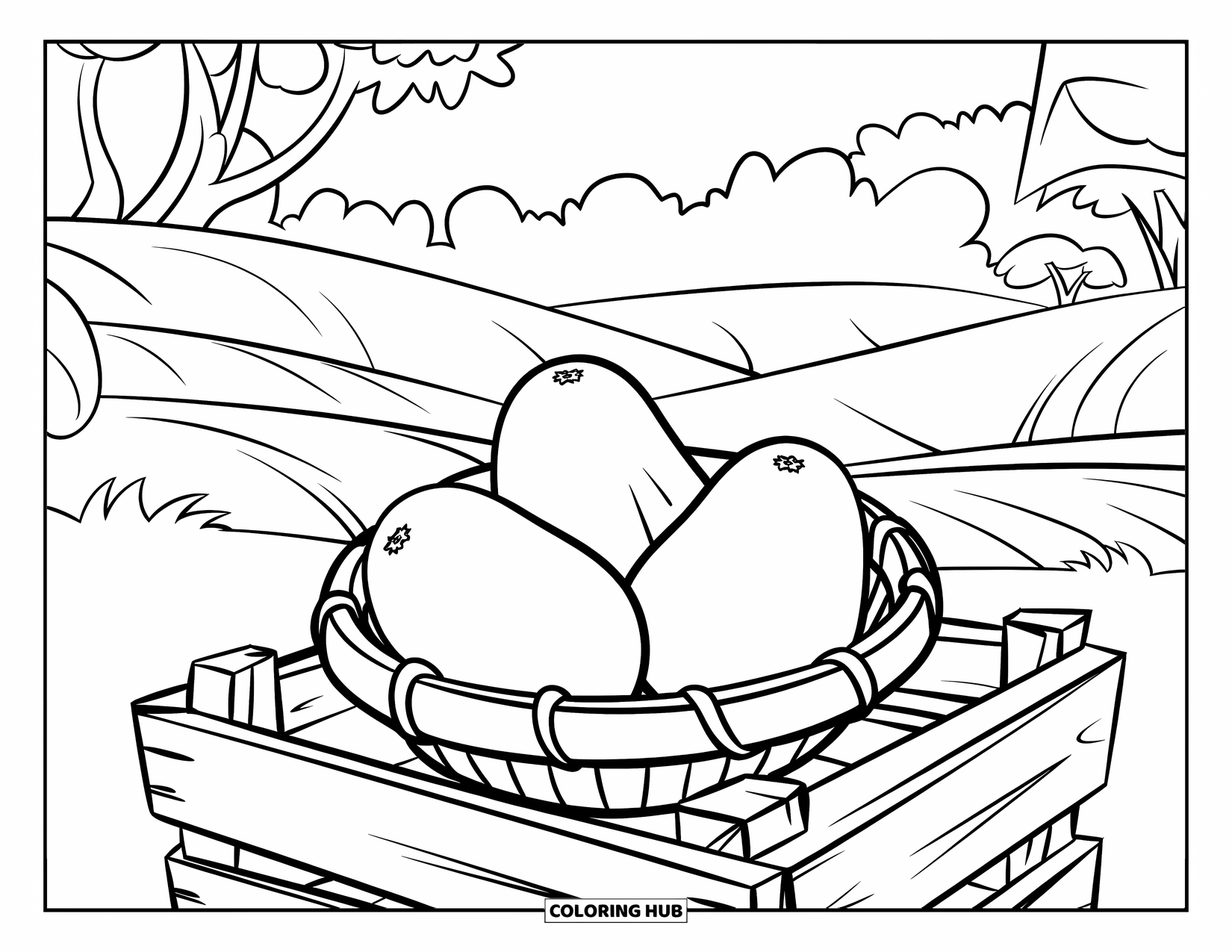 Avocado Coloring Page for Kids: Avocados in a basket resting on a crate in a peaceful landscape