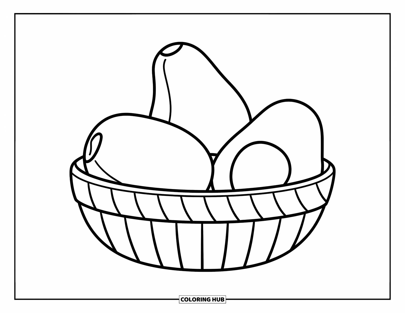 Avocado Coloring Page for Kids: Basket of three avocados with bold lines and a cheerful look