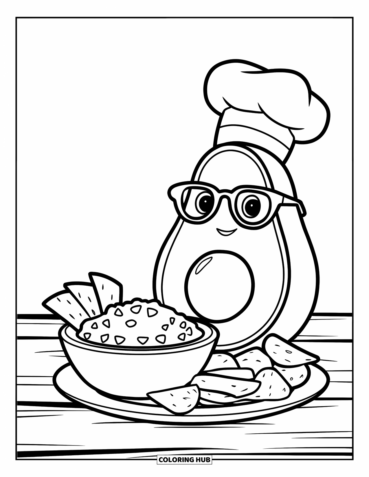 Avocado Coloring Page for Kids: Chef avocado with glasses beside guacamole and a plate of chips
