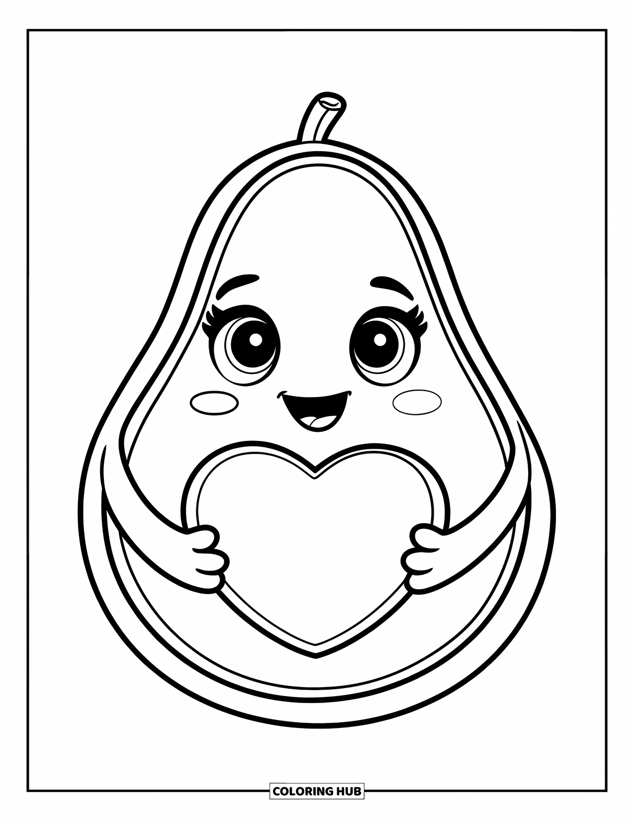 Avocado Coloring Page for Kids: Cute avocado hugging a heart-shaped pit with a big grin