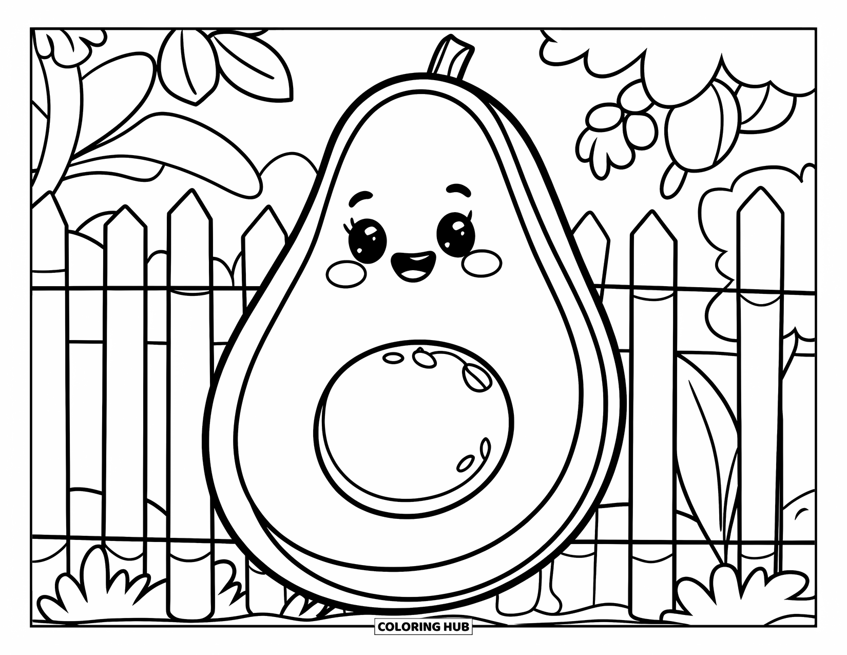 Avocado Coloring Page for Kids: Cute avocado peeks from behind a fence surrounded by flowers and leaves