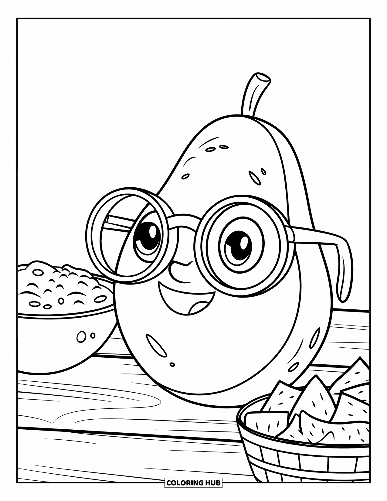 Avocado Coloring Page for Kids: Glasses-wearing avocado beside guacamole and a chip basket