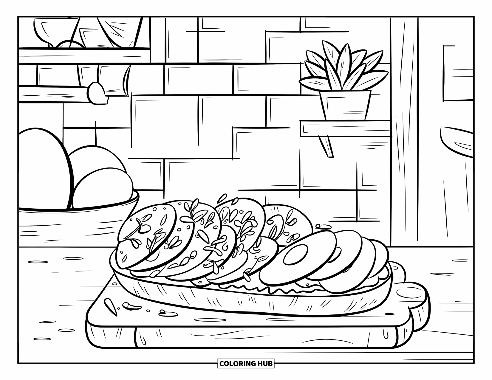 Avocado Coloring Page for Kids: Herbed avocado toast on a board with eggs and a warm kitchen vibe