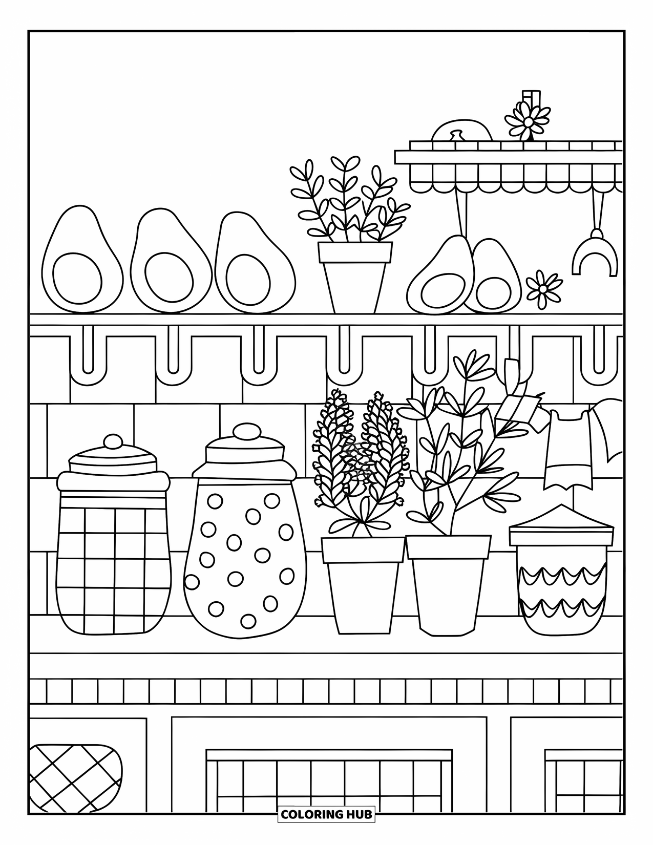 Avocado Coloring Page for Kids: Kitchen shelf filled with avocados, jars, and cheerful details