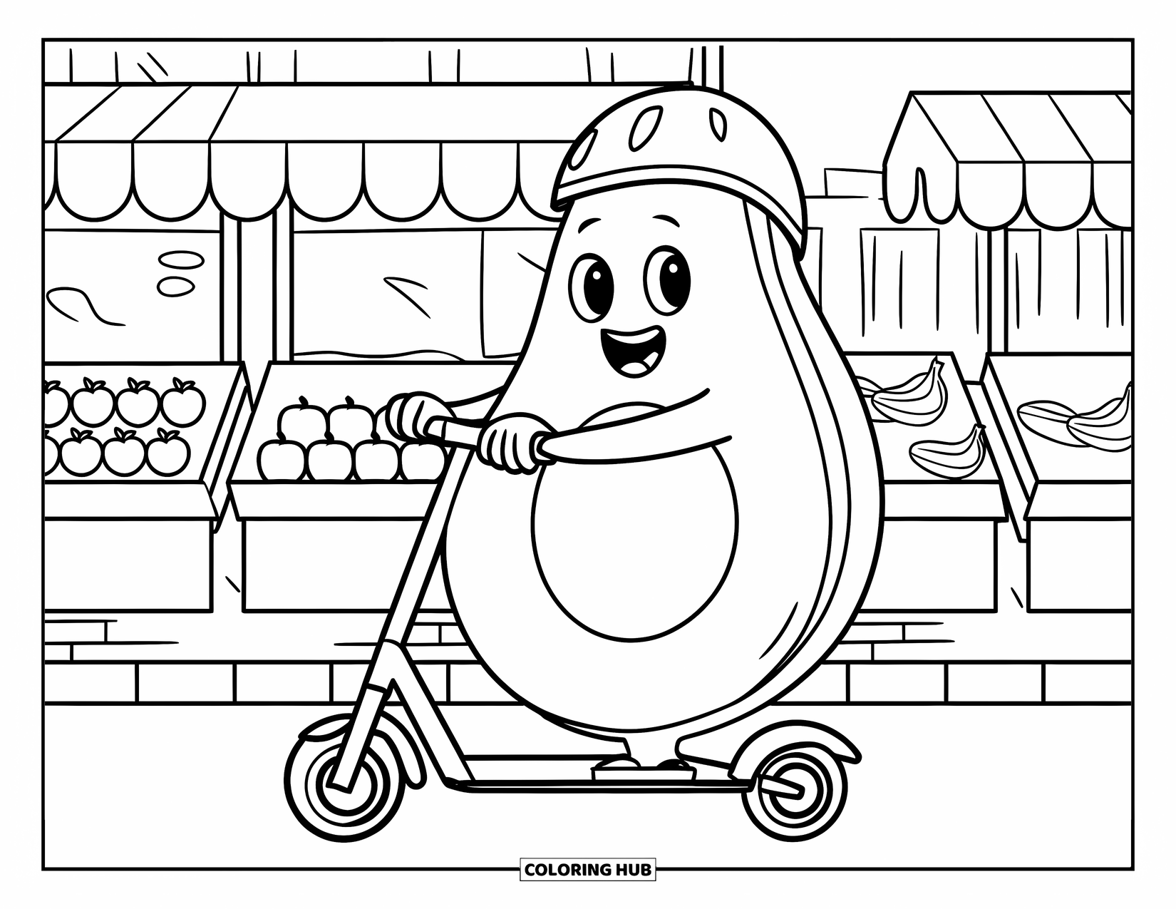 Avocado Coloring Page for Kids: Scooter-riding avocado passing a cheerful fruit market with a smile