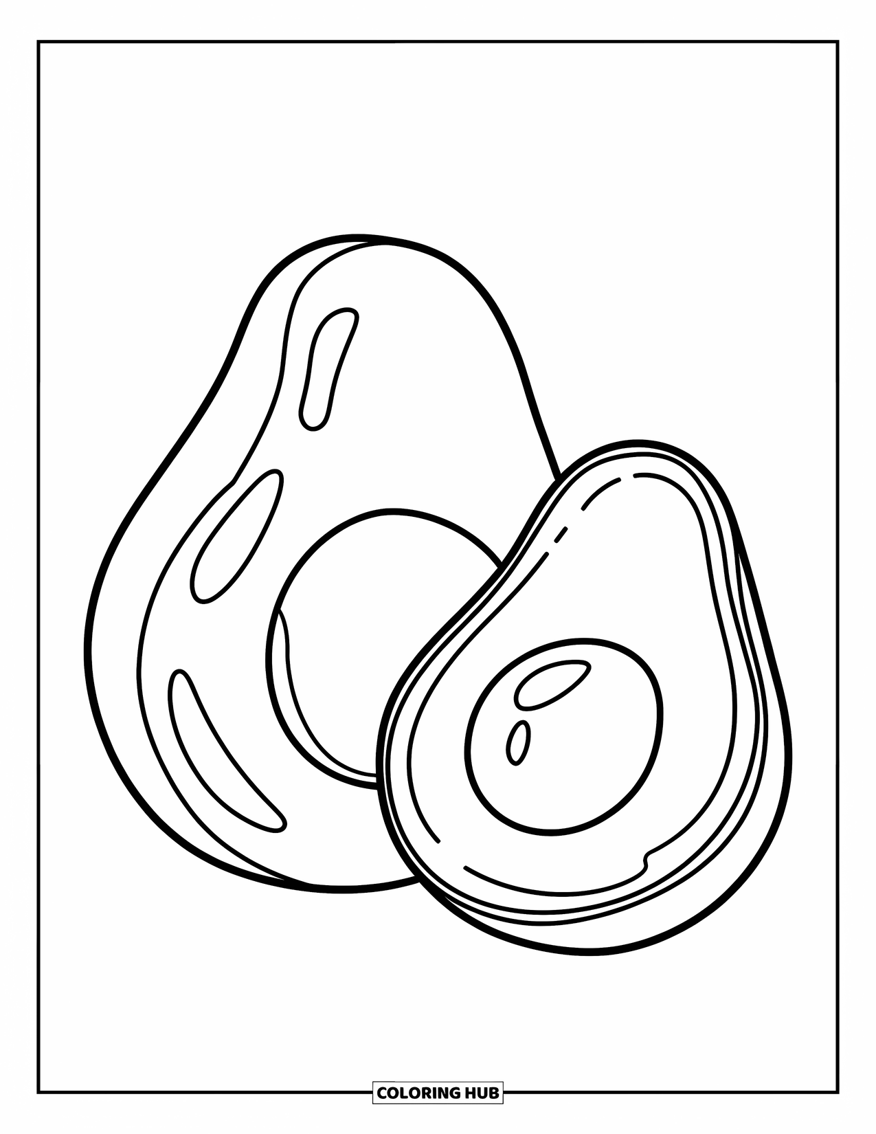Avocado Coloring Page for Kids: Side-by-side whole and sliced avocados with playful, bold shapes