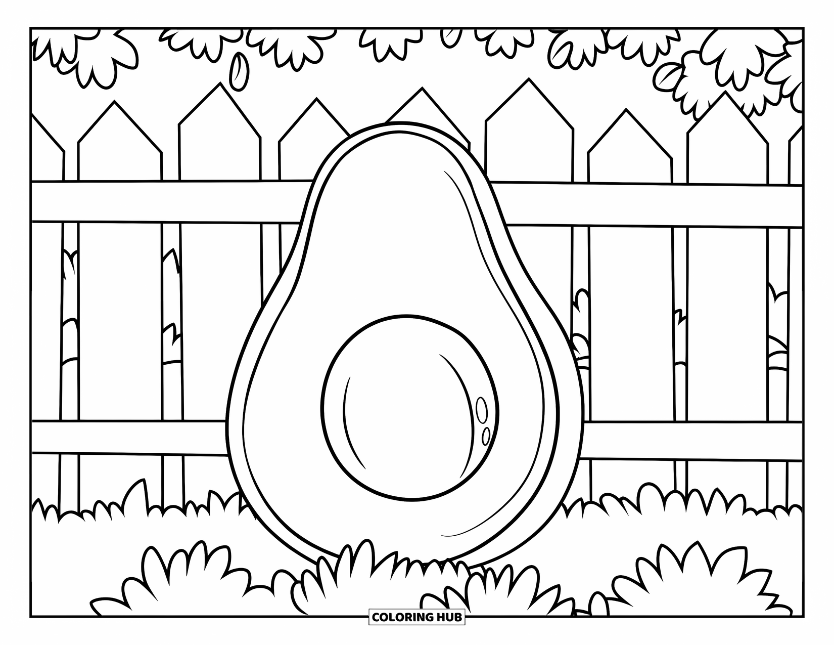 Avocado Coloring Page for Kids: Smiling avocado hiding behind a white fence in a leafy garden