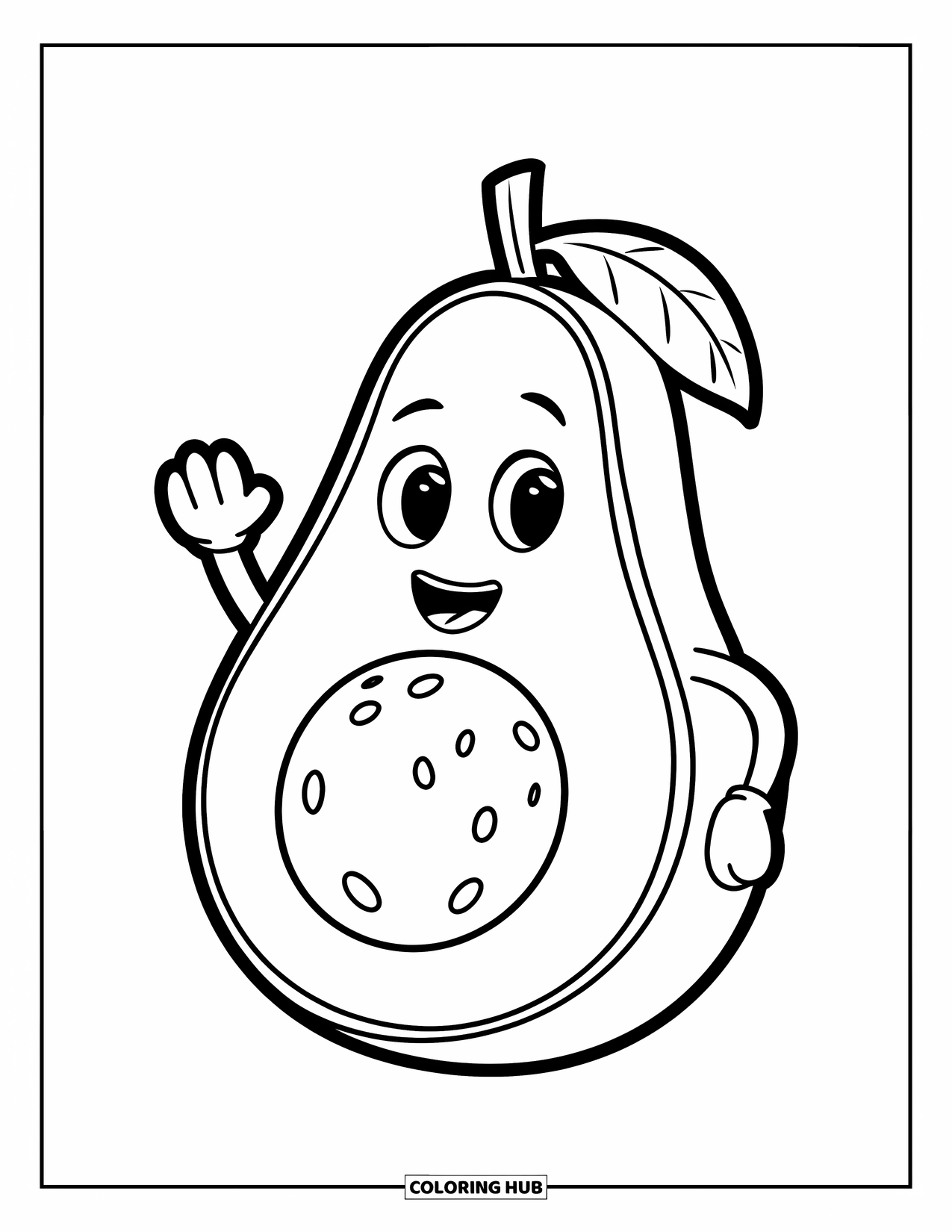 Avocado Coloring Page for Kids: Smiling avocado with a big pit waving hello