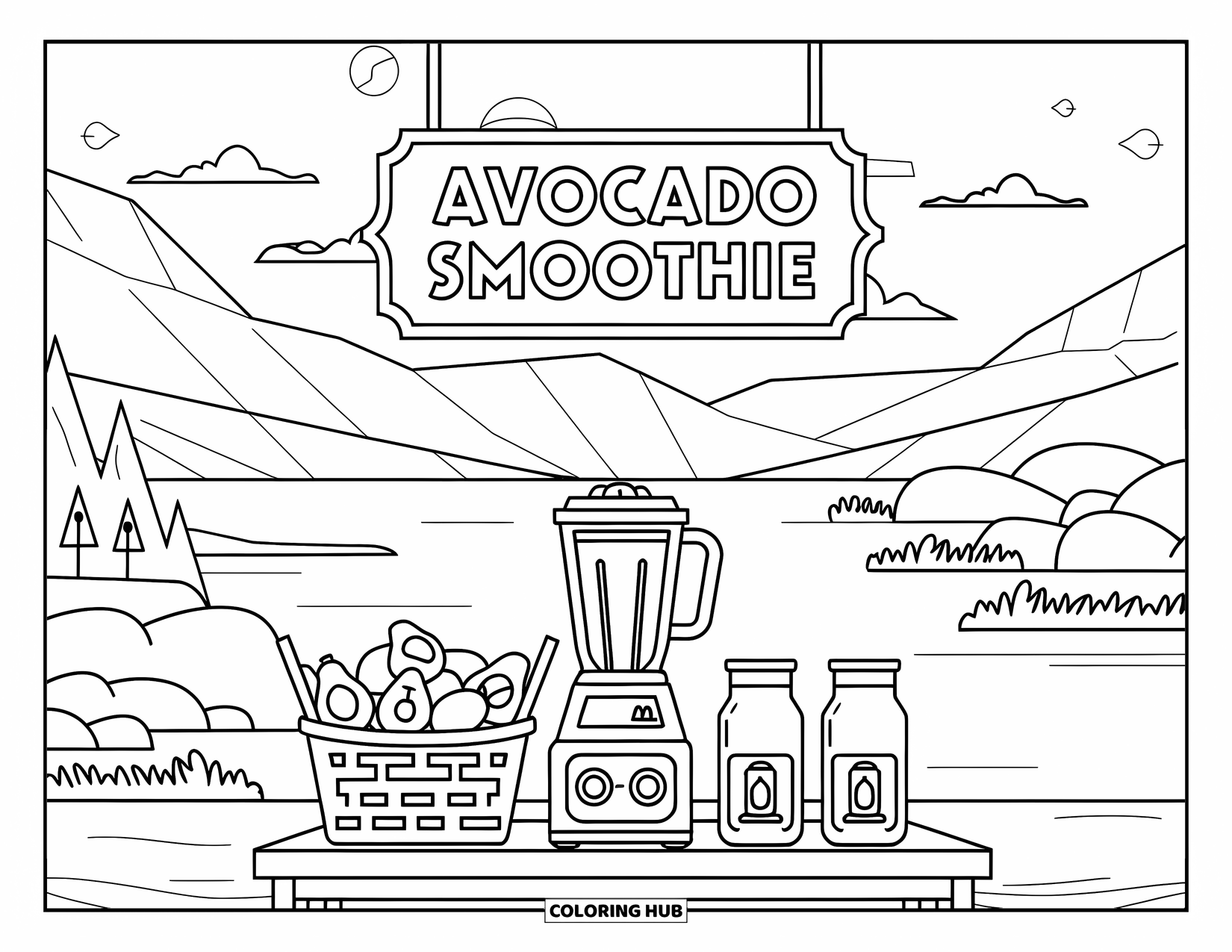 Avocado Coloring Page for Kids: Smoothie stand with avocados, jars, blenders, and a sign overhead