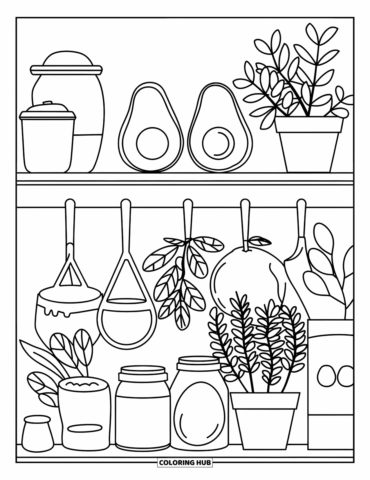 Avocado Coloring Page for Kids: Stylish shelf with avocados, jars, and herbs in a modern kitchen