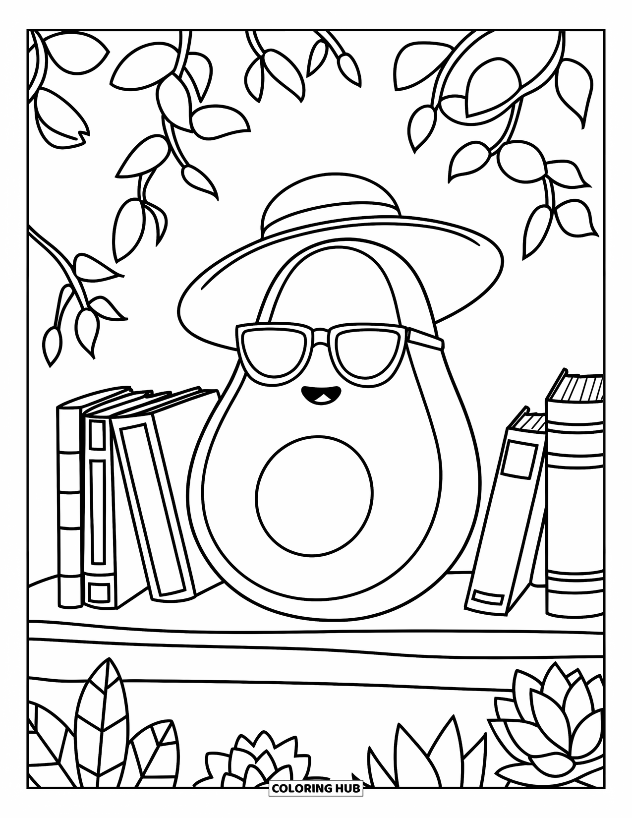 Avocado Coloring Page for Kids: Sunglass-wearing avocado resting in a cozy garden corner with books
