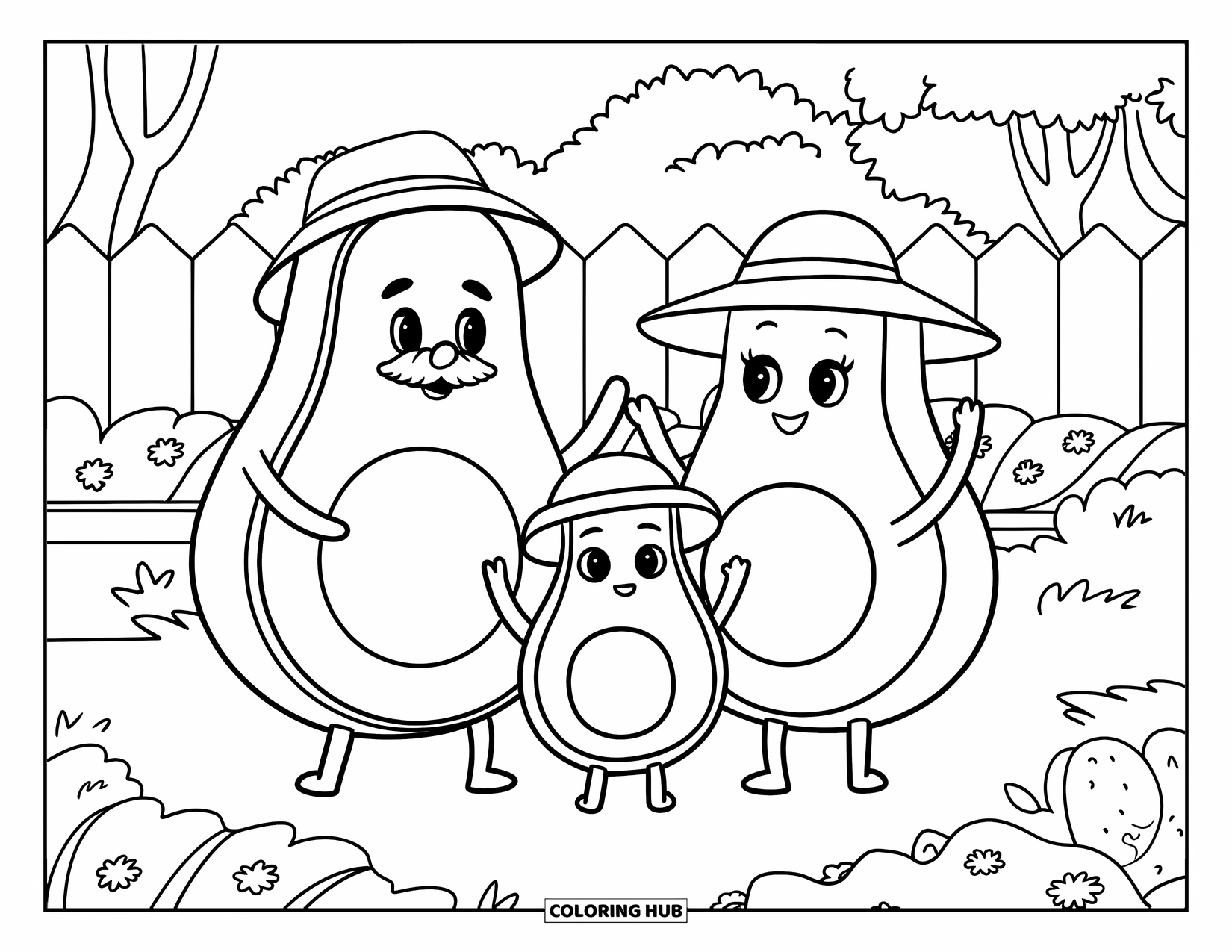 Avocado Coloring Page for Kids: Three avocados in hats playing and relaxing in a plant-filled yard