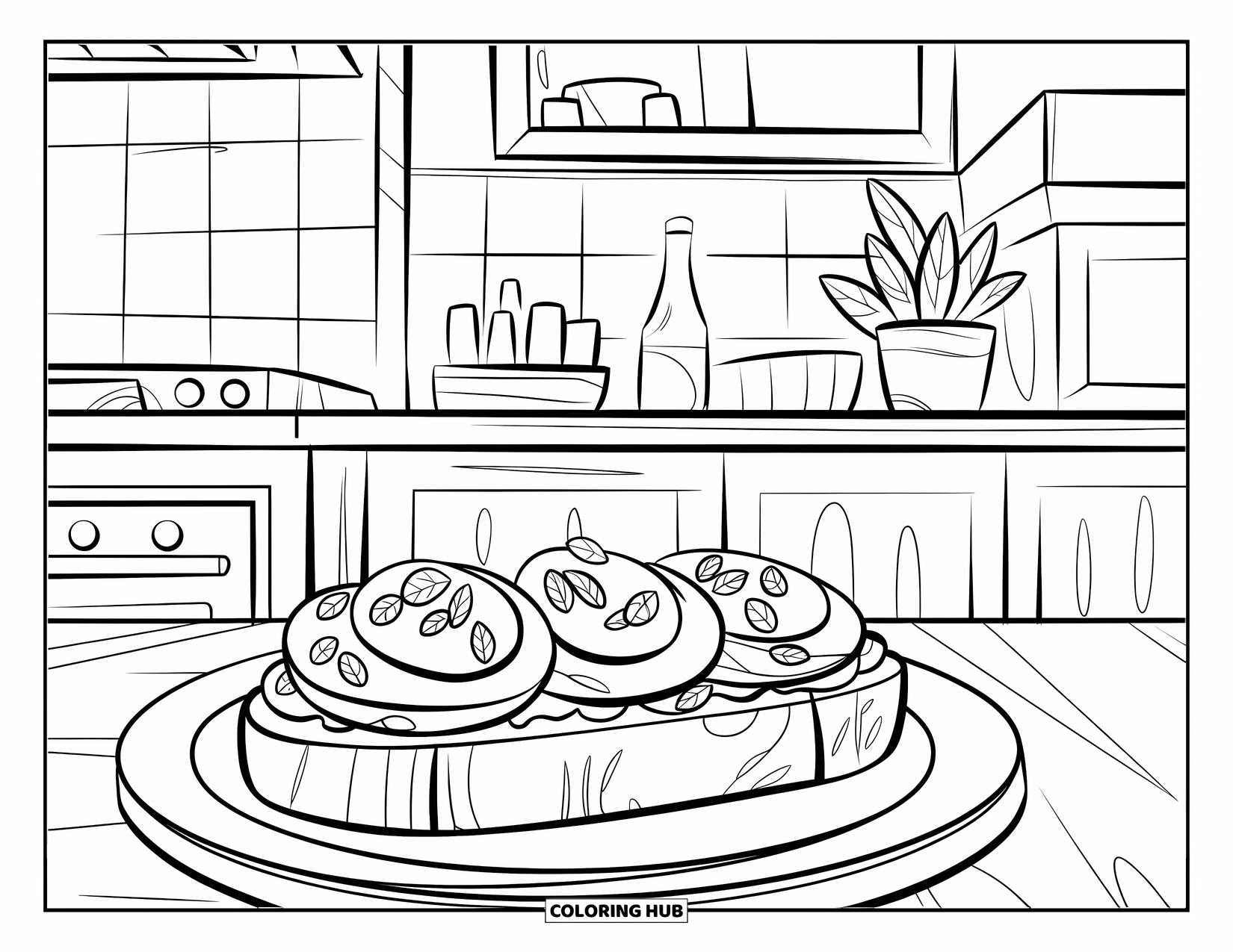 Avocado Coloring Page for Kids: Toasty bread topped with avocado, eggs, and herbs in a tiled kitchen