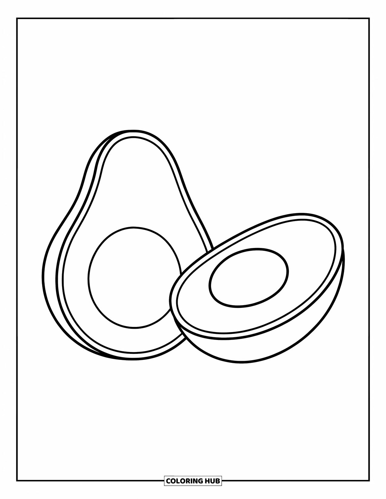 Avocado Coloring Page for Kids: Two cheerful avocados drawn in a simple, easy-to-color style