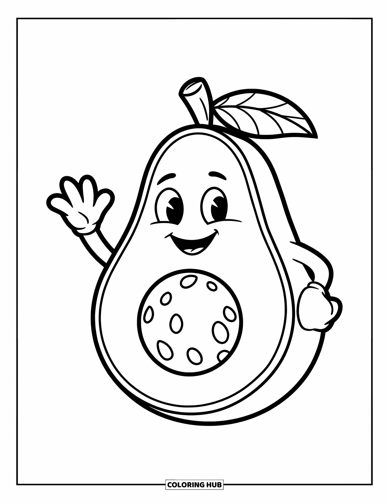 Avocado Coloring Page for Kids: Waving avocado with a leaf on its head and a big grin