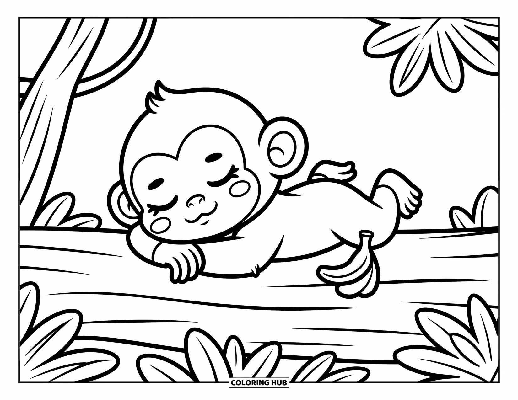 Baby Monkey Coloring Page for Adults: A baby monkey lies on its tummy on a jungle log beside a banana