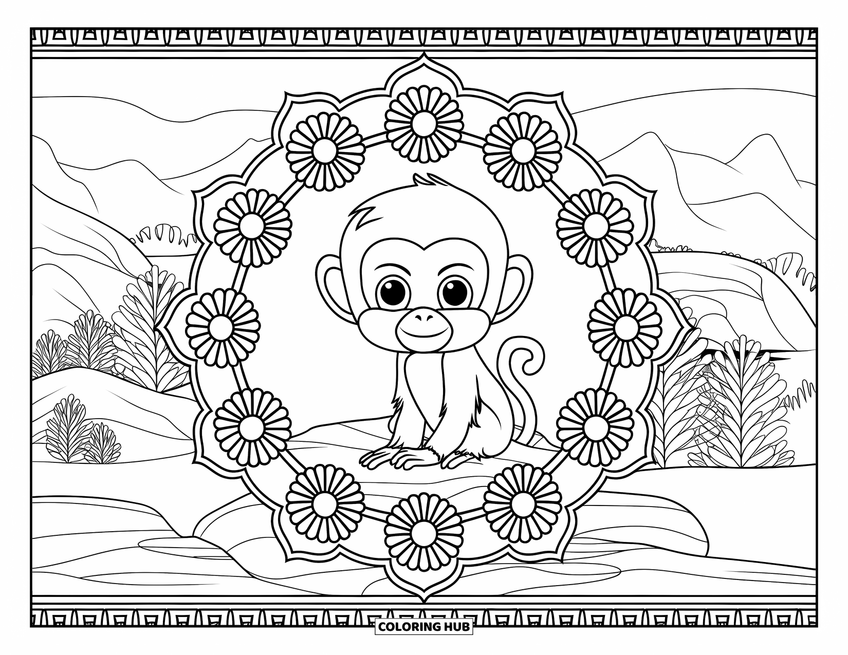 Baby Monkey Coloring Page for Adults: A baby monkey on a rock is framed by petal-filled mandalas and a mountain landscape