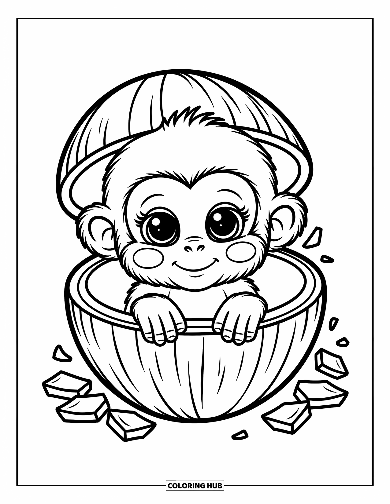 Baby Monkey Coloring Page for Adults: A baby monkey peeks shyly from a cracked coconut with scattered coconut bits