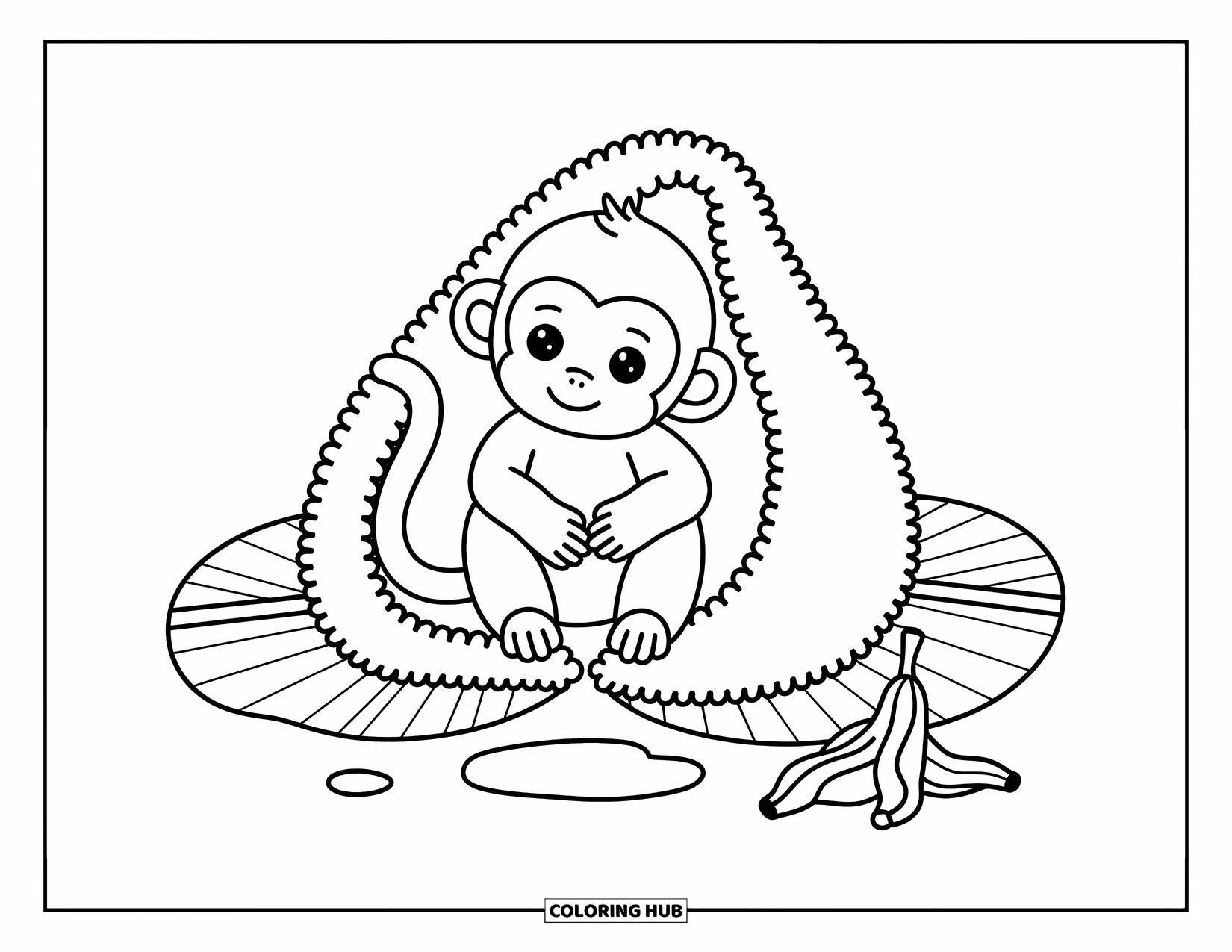 Baby Monkey Coloring Page for Adults: A cozy monkey sits wrapped in a banana leaf towel with its tail peeking out