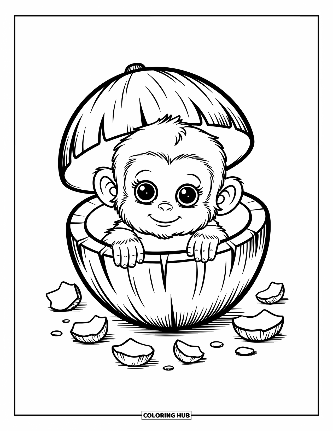 Baby Monkey Coloring Page for Adults: A curious monkey looks out from a coconut shell surrounded by coconut pieces