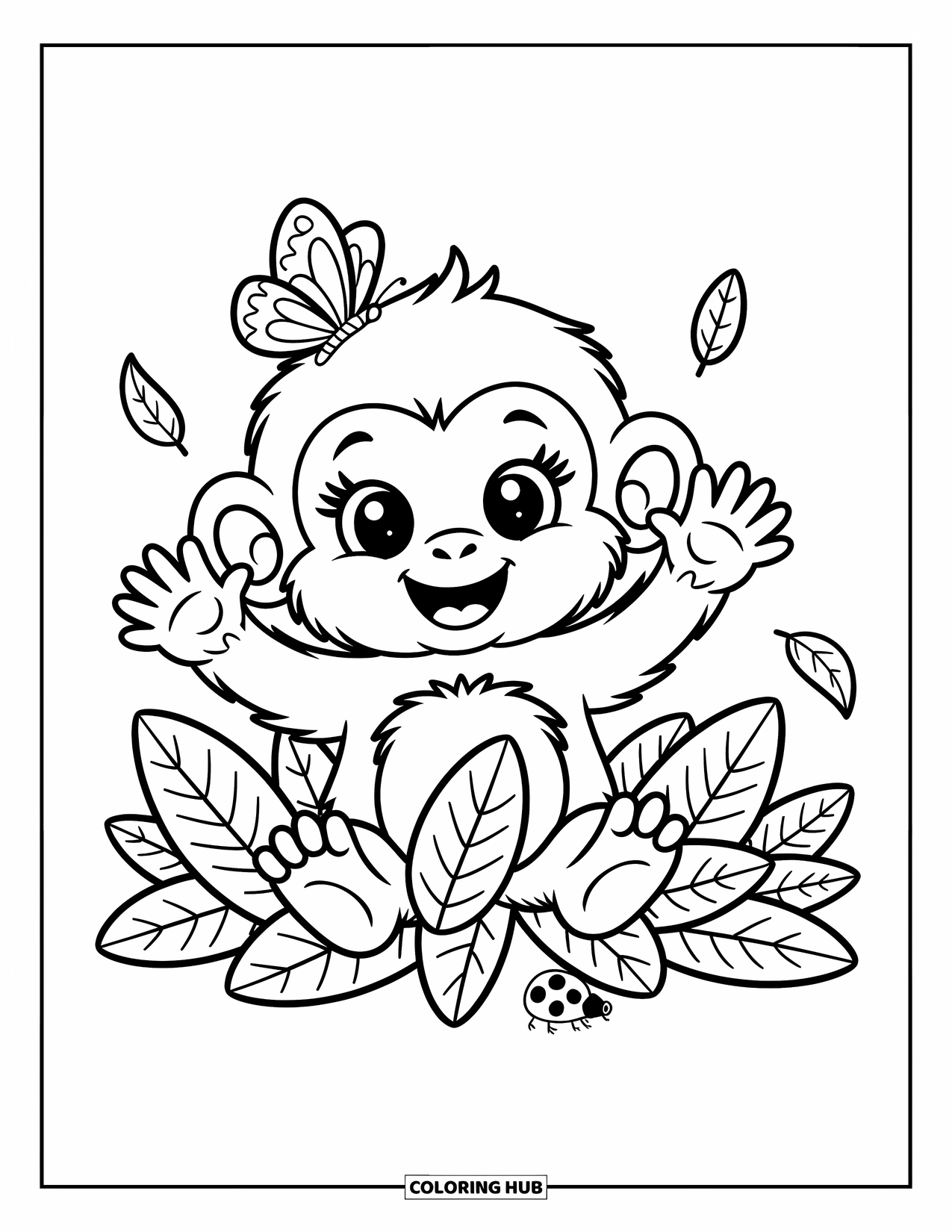 Baby Monkey Coloring Page for Adults: A happy monkey jumps from leafy jungle piles with a butterfly and ladybug