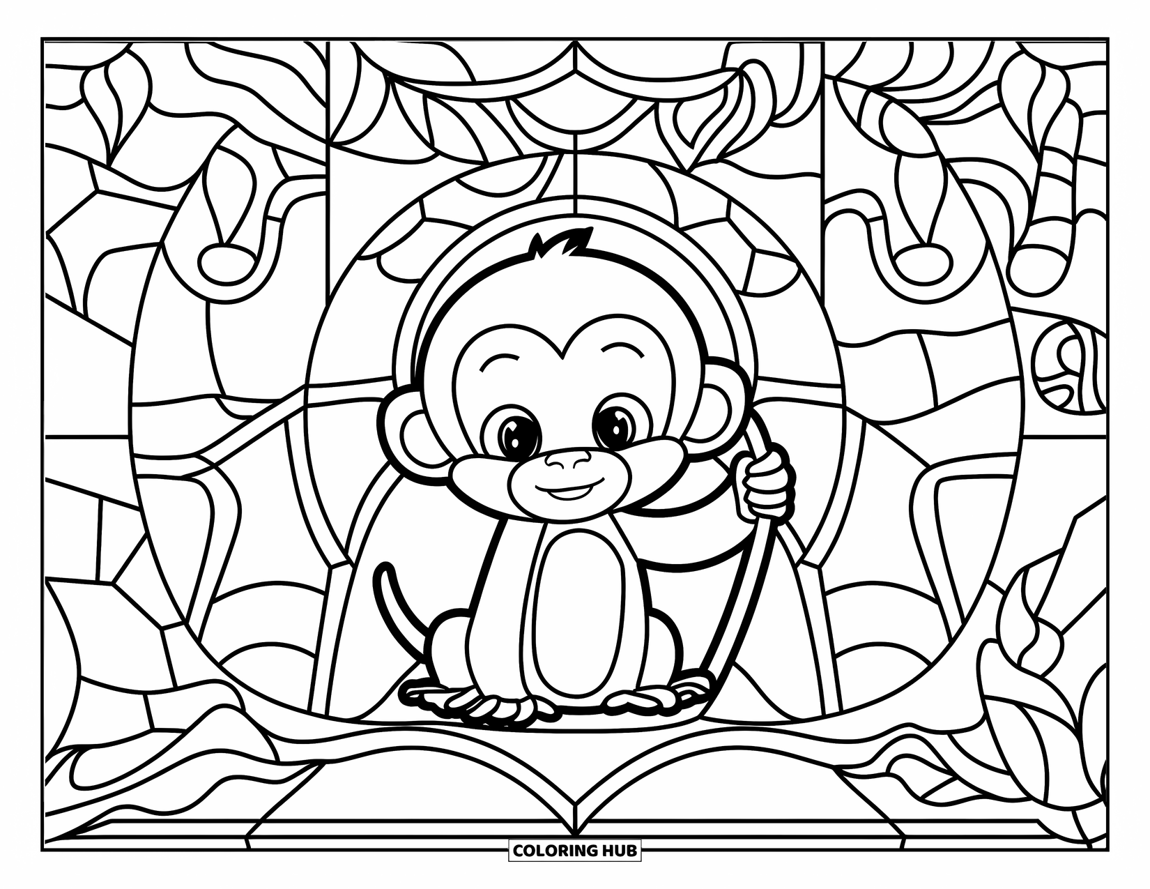Baby Monkey Coloring Page for Adults: A monkey holds a branch in a jungle filled with animals and plants