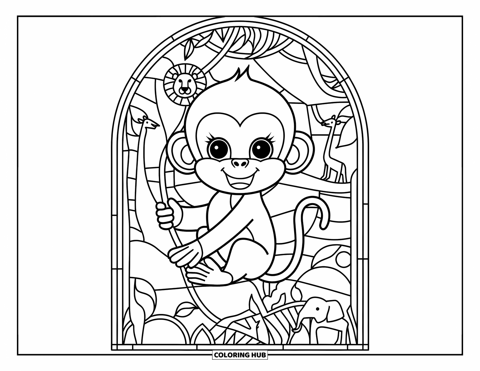 Baby Monkey Coloring Page for Adults: A monkey holds a vine among jungle animals in a stained glass-style scene