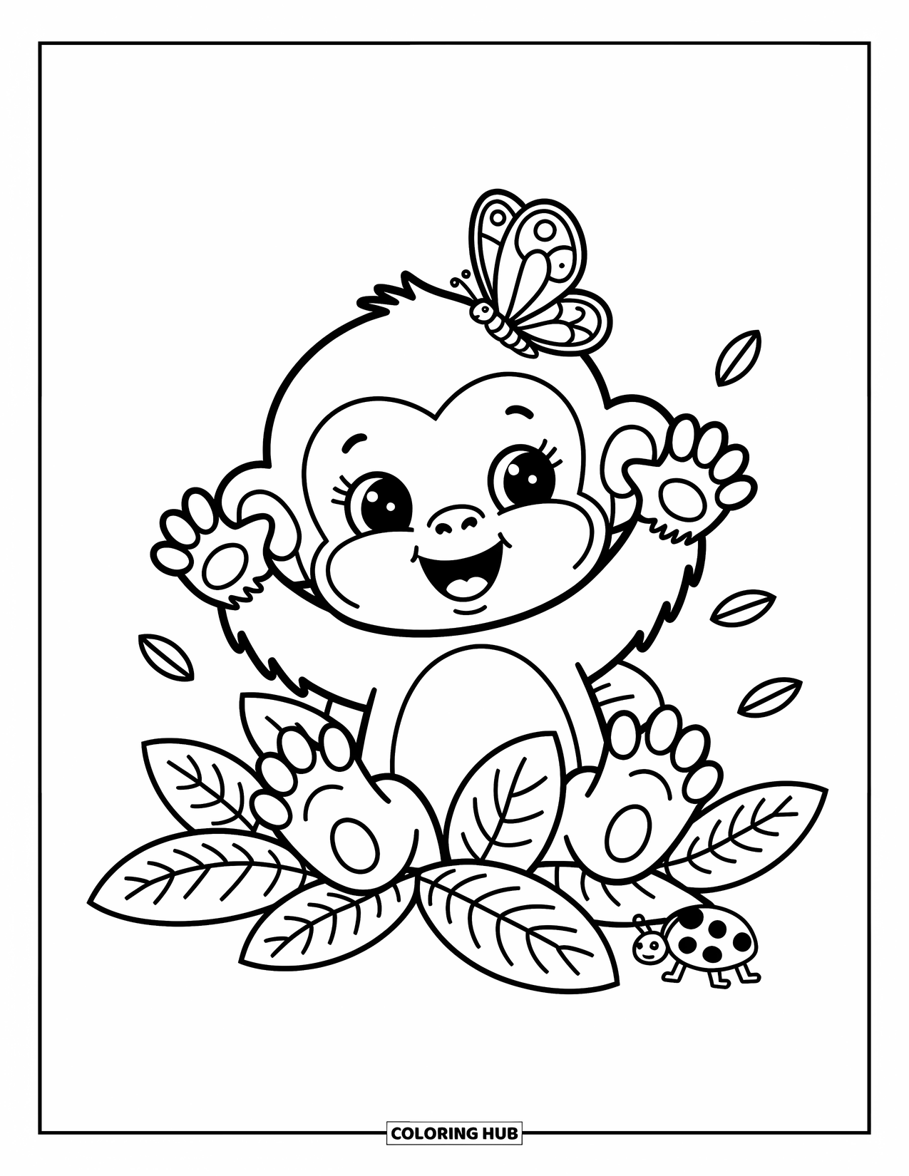 Baby Monkey Coloring Page for Adults: A monkey plays peekaboo from leaves with bugs and ruffled jungle foliage