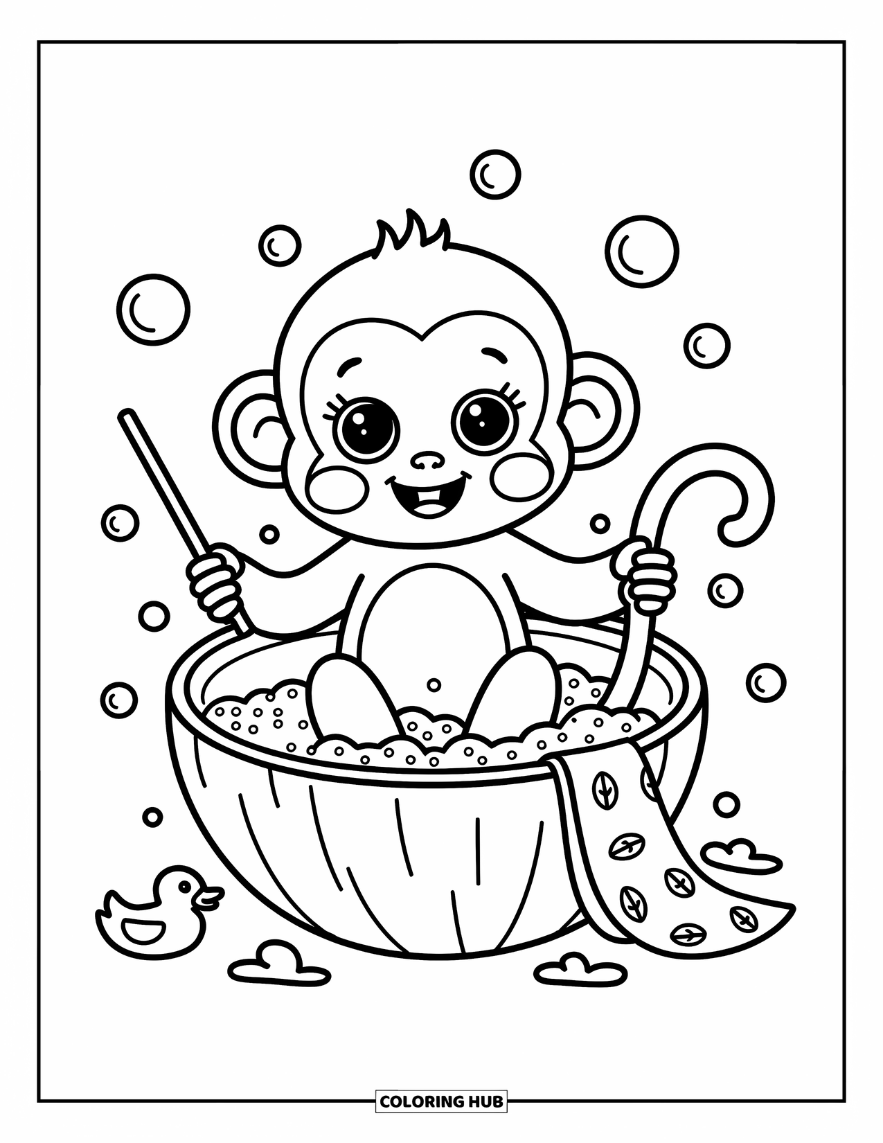 Baby Monkey Coloring Page for Adults: A monkey sits in a coconut tub with bubbles and a tiny bubble wand