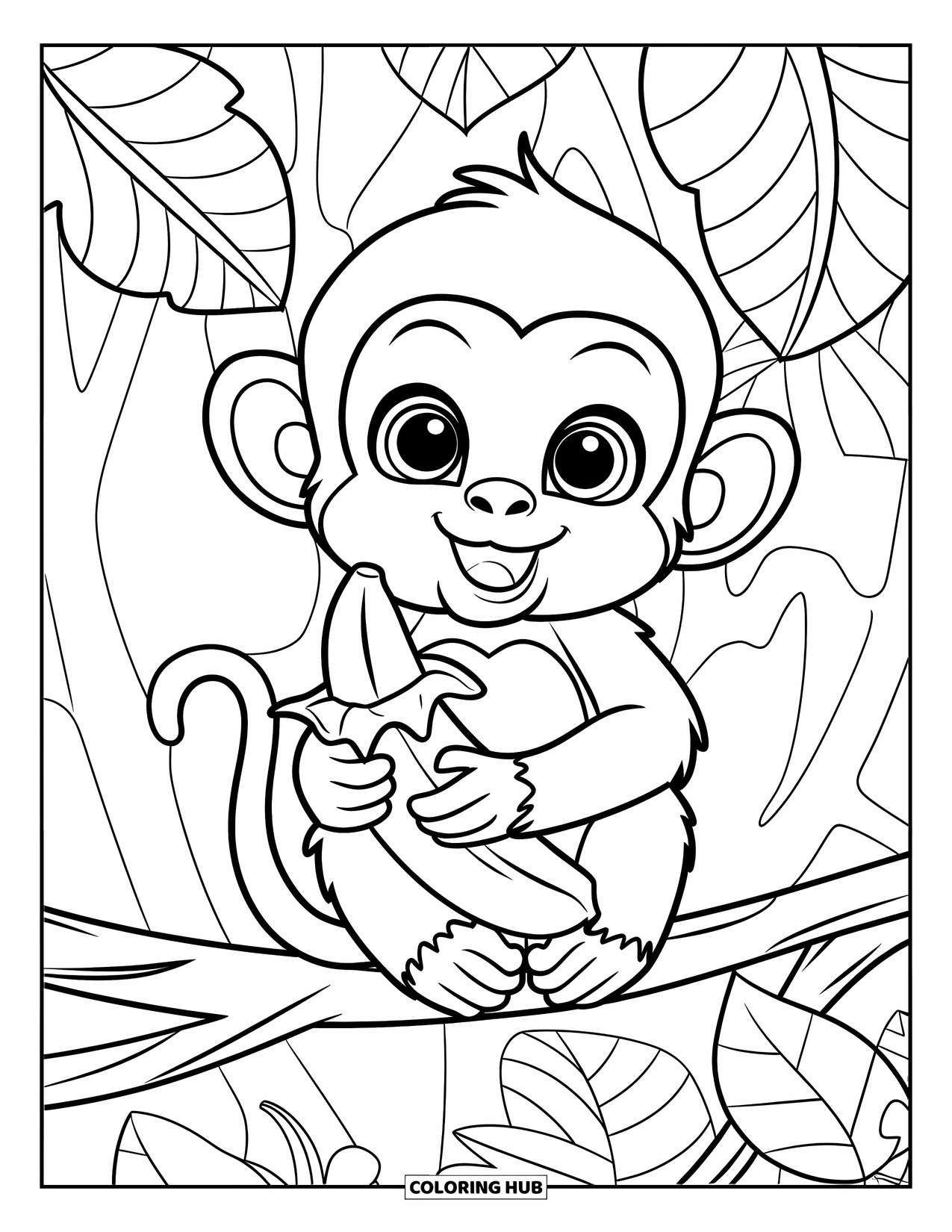 Baby Monkey Coloring Page for Adults: A monkey with a banana sits on a branch among ornate jungle leaves