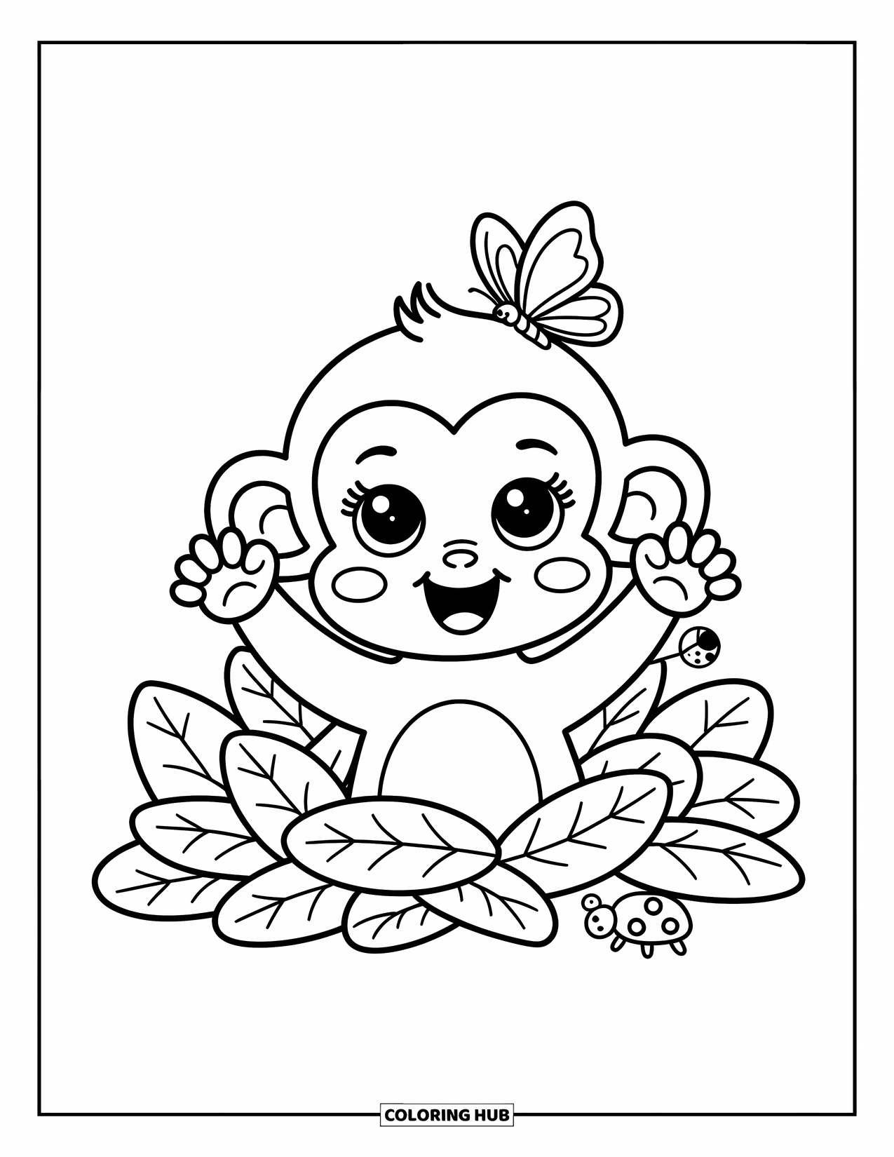 Baby Monkey Coloring Page for Adults: A playful monkey peeks from leaf piles with a butterfly on its head