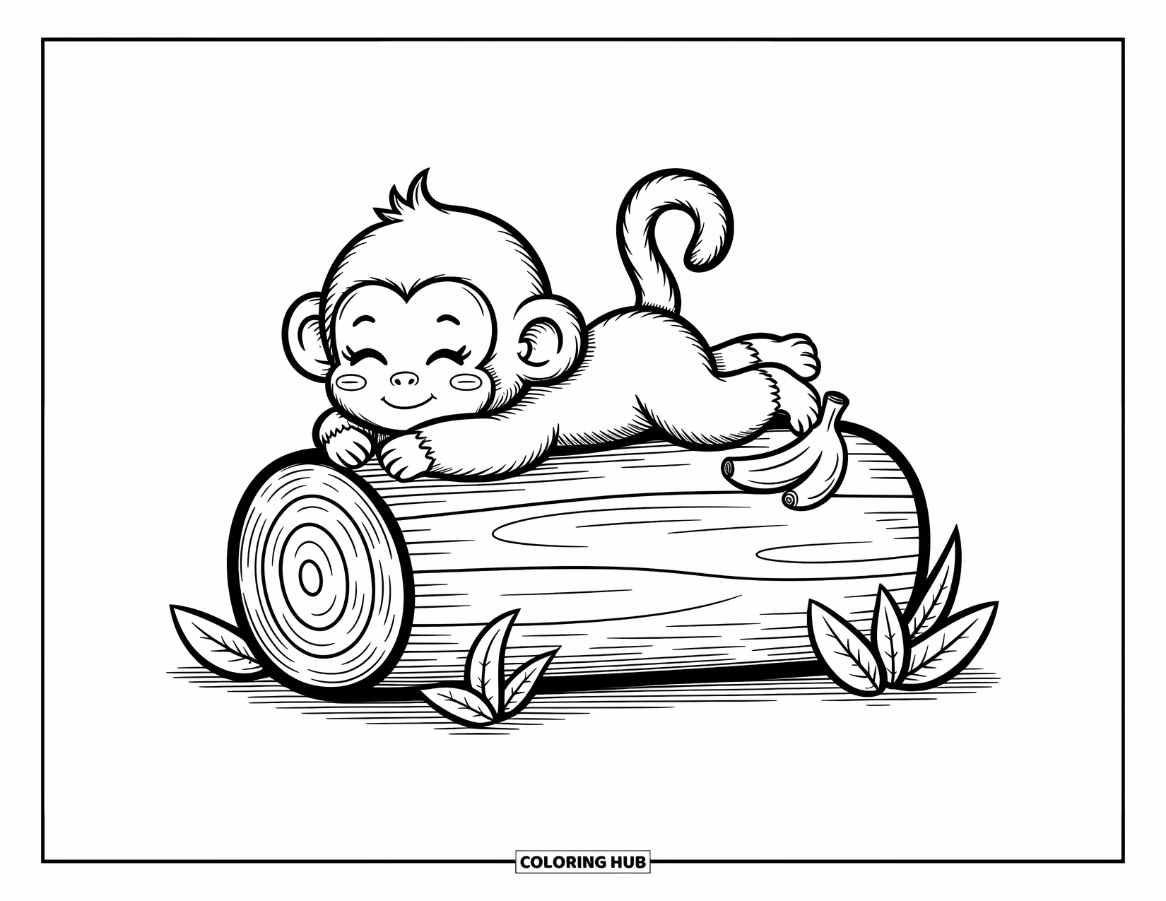 Baby Monkey Coloring Page for Adults: A sleepy monkey rests on a log, legs dangling and banana close by