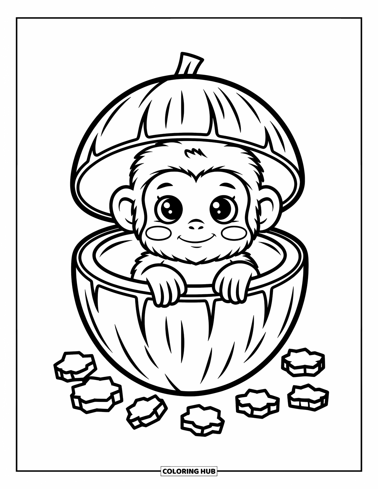 Baby Monkey Coloring Page for Adults: A tiny monkey holds a coconut rim with wide eyes and scattered coconut around